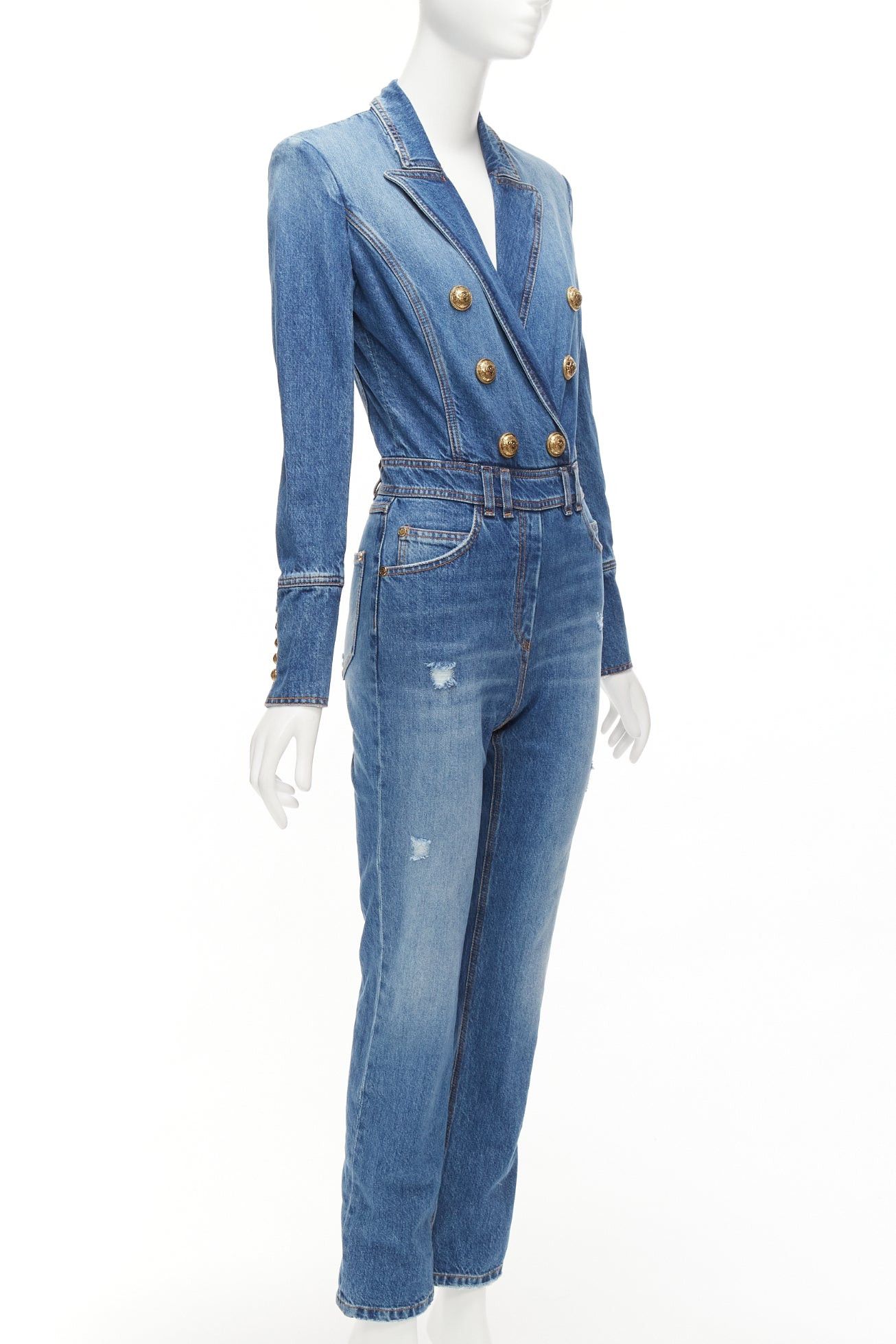 Balmain BALMAIN blue washed distressed denim gold double breasted jumpsuit FR34 XS Size 26" / US 2 / IT 38 - 3 Thumbnail
