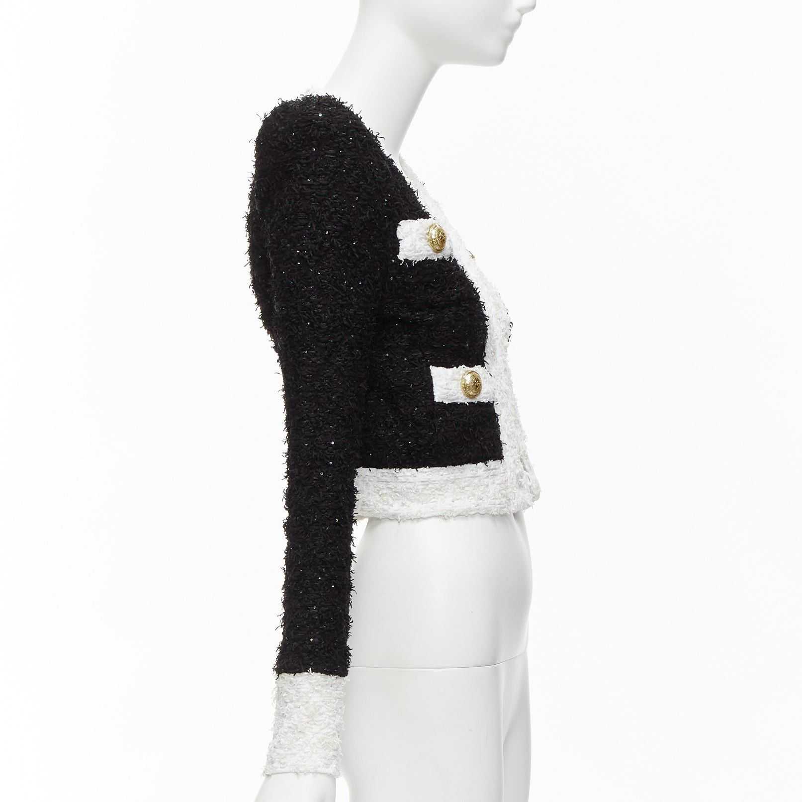 Balmain BALMAIN black white metallic tweed 4 pockets cropped blazer jacket FR34 XS Size XS / US 0-2 / IT 36-38 - 5 Thumbnail