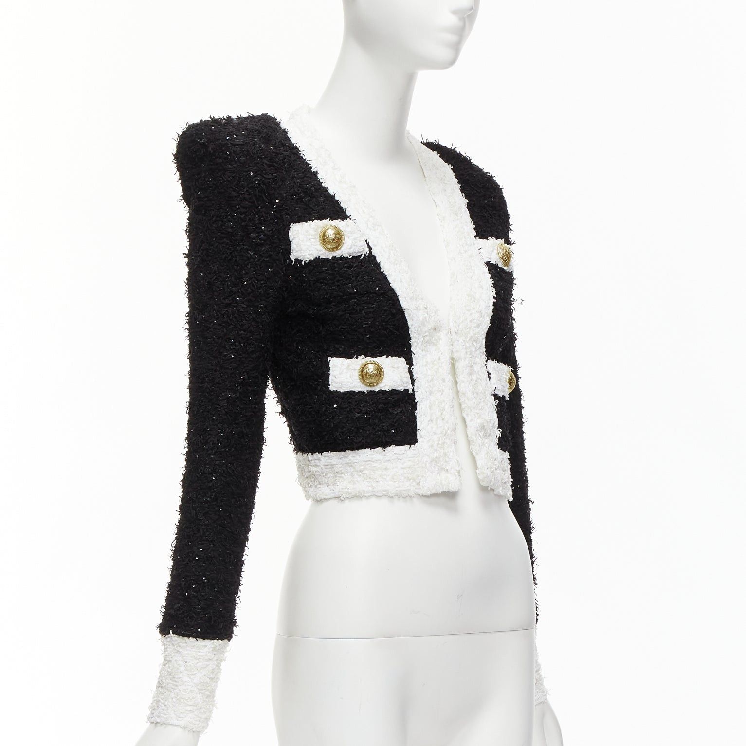 Balmain BALMAIN black white metallic tweed 4 pockets cropped blazer jacket FR34 XS Size XS / US 0-2 / IT 36-38 - 4 Thumbnail
