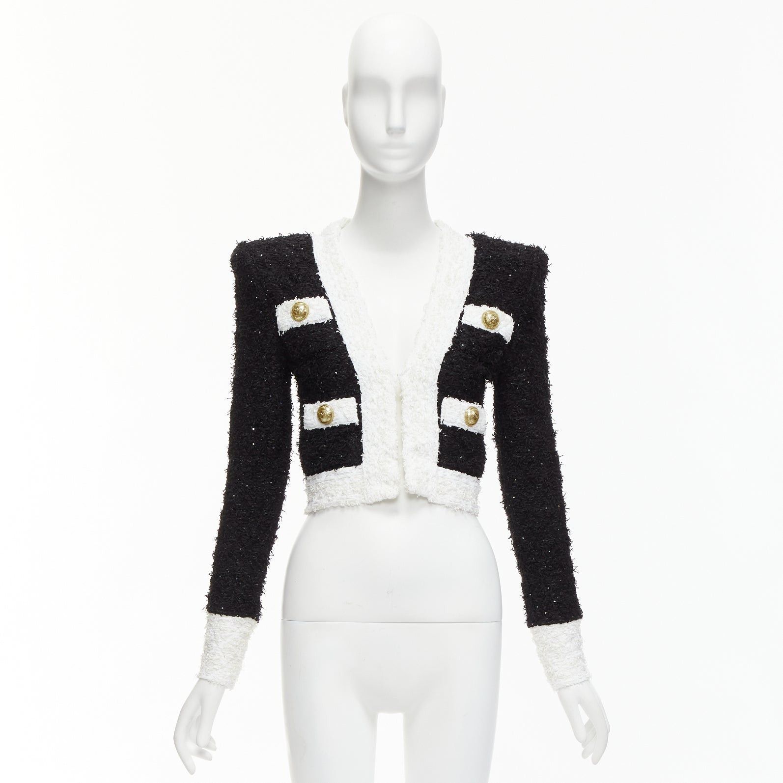 Balmain BALMAIN black white metallic tweed 4 pockets cropped blazer jacket FR34 XS Size XS / US 0-2 / IT 36-38 - 10 Thumbnail