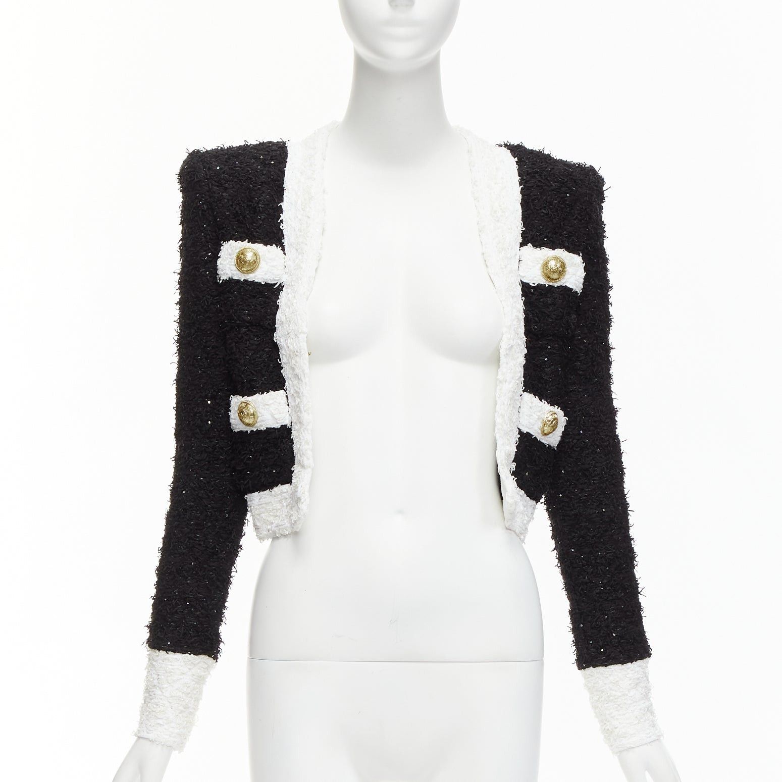 Balmain BALMAIN black white metallic tweed 4 pockets cropped blazer jacket FR34 XS Size XS / US 0-2 / IT 36-38 - 3 Thumbnail