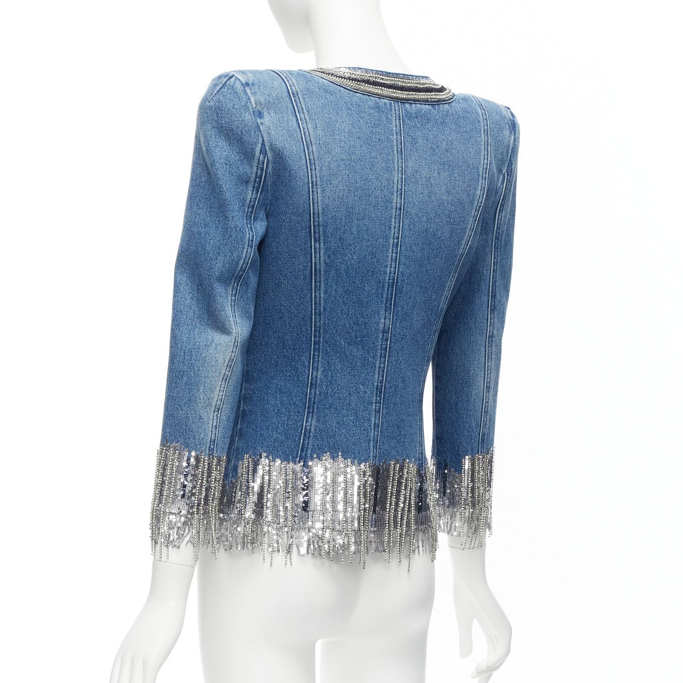 Balmain BALMAIN blue washed cotton denim silver crystal embellished trim jacket FR36 S Size S / US 4 / IT 40 - 7 Thumbnail