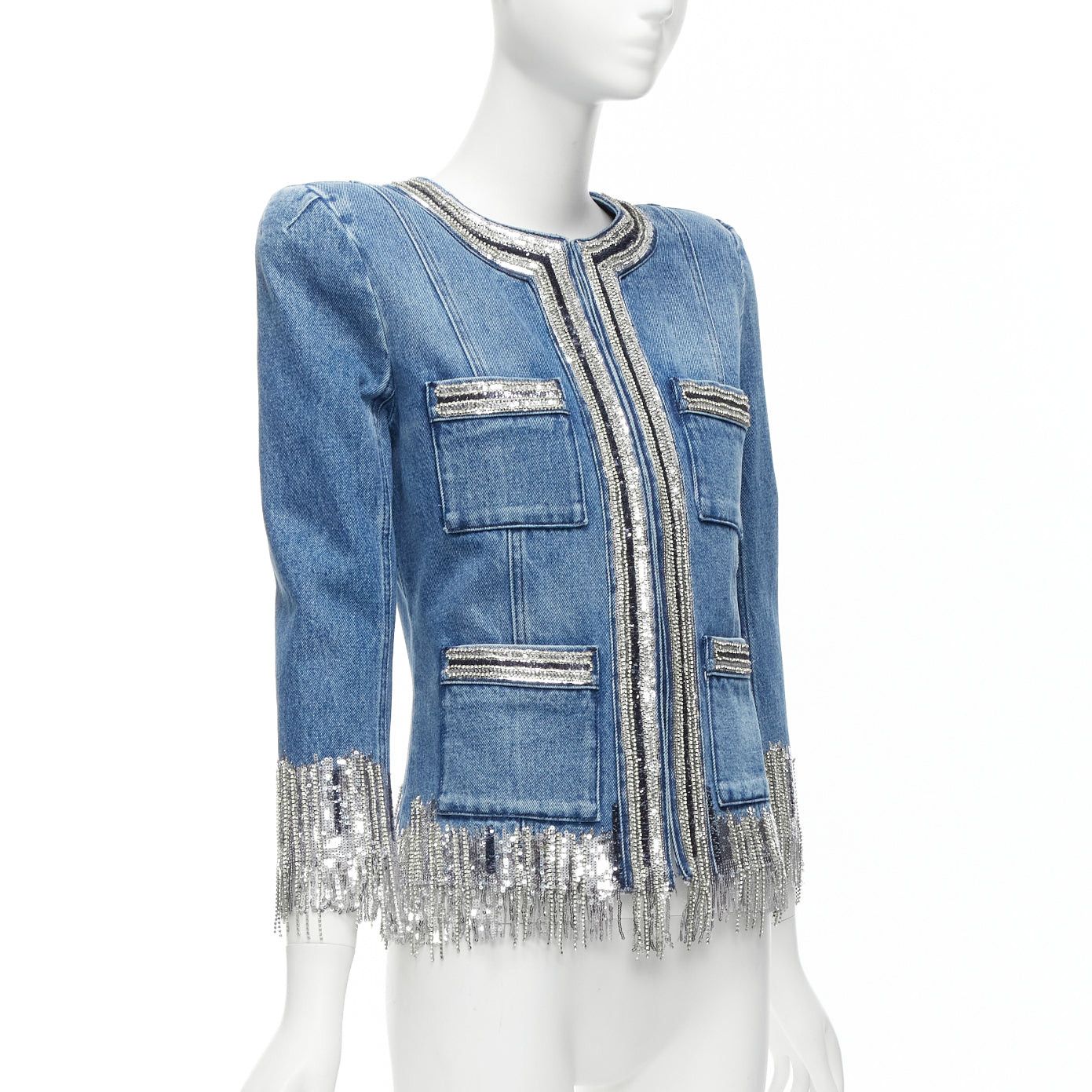 Balmain BALMAIN blue washed cotton denim silver crystal embellished trim jacket FR36 S Size S / US 4 / IT 40 - 4 Thumbnail