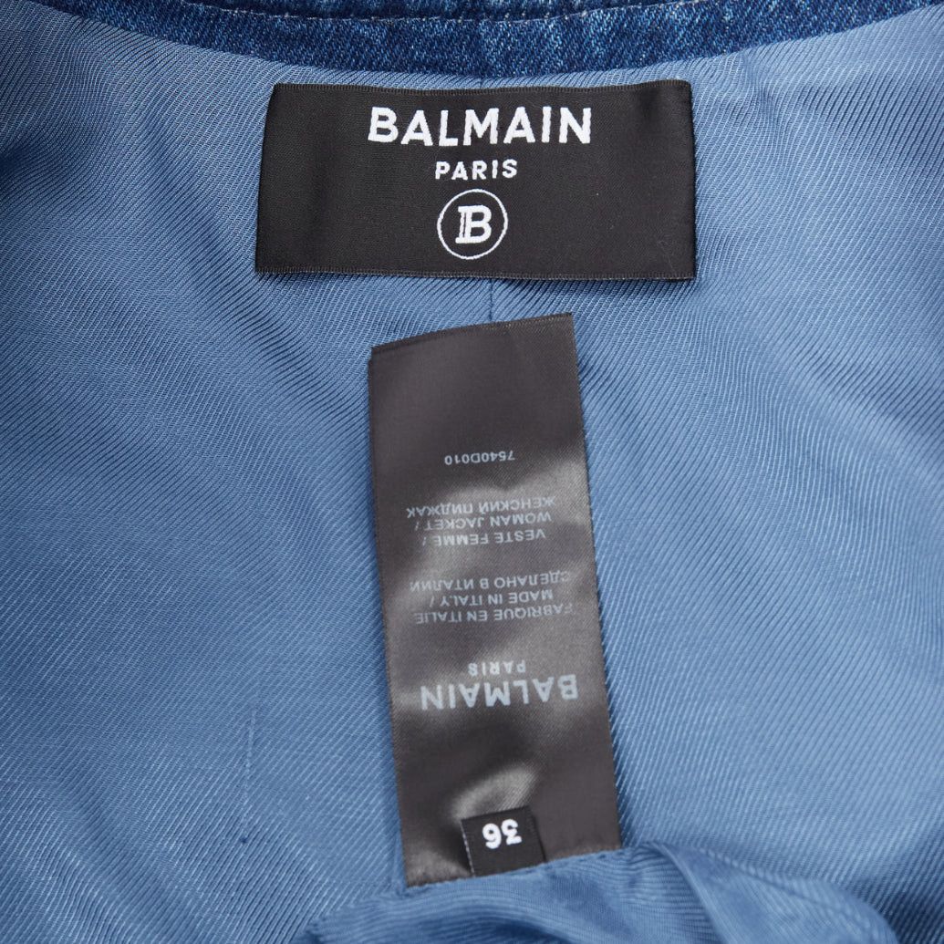 Balmain BALMAIN blue washed cotton denim silver crystal embellished trim jacket FR36 S Size S / US 4 / IT 40 - 10 Thumbnail