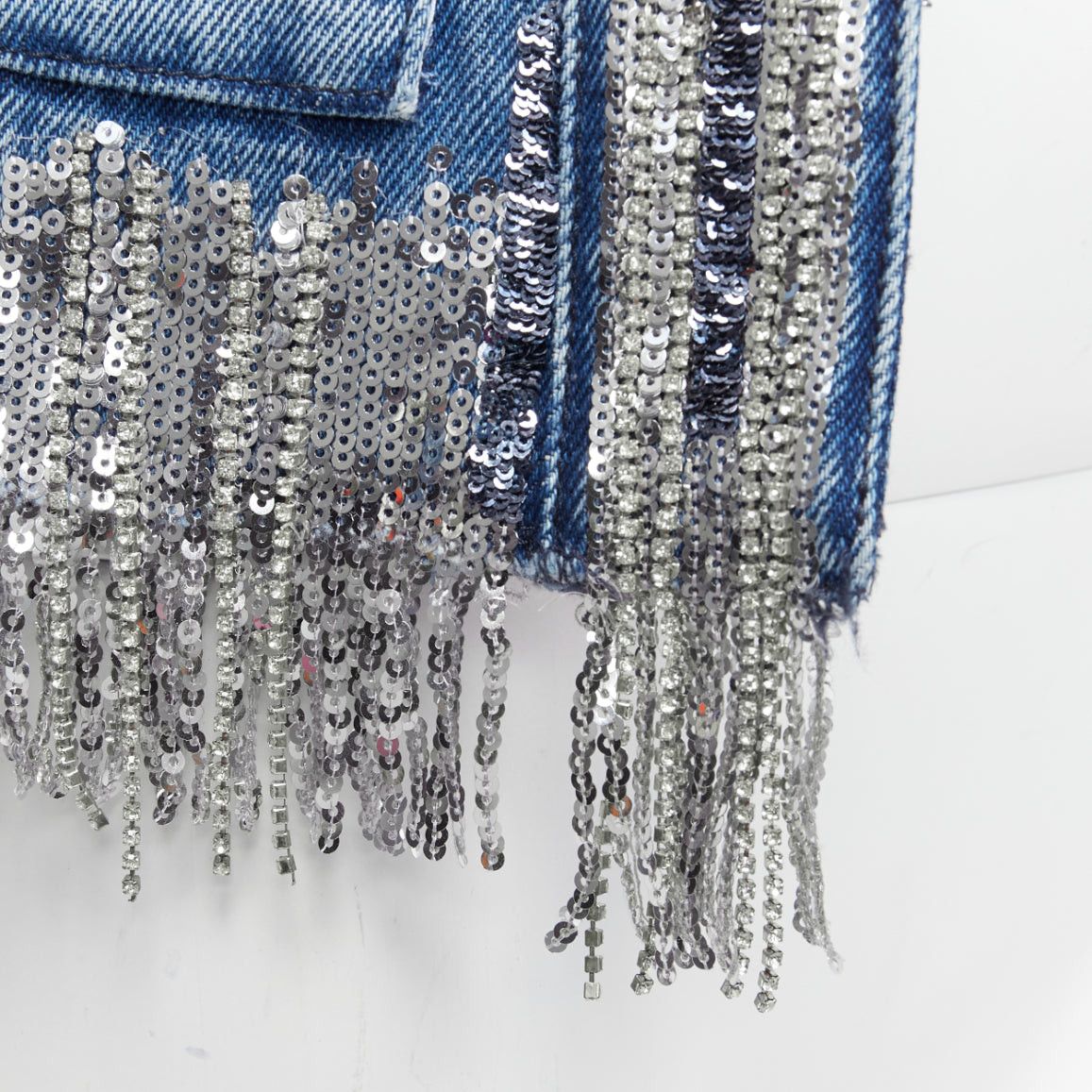 Balmain BALMAIN blue washed cotton denim silver crystal embellished trim jacket FR36 S Size S / US 4 / IT 40 - 9 Thumbnail