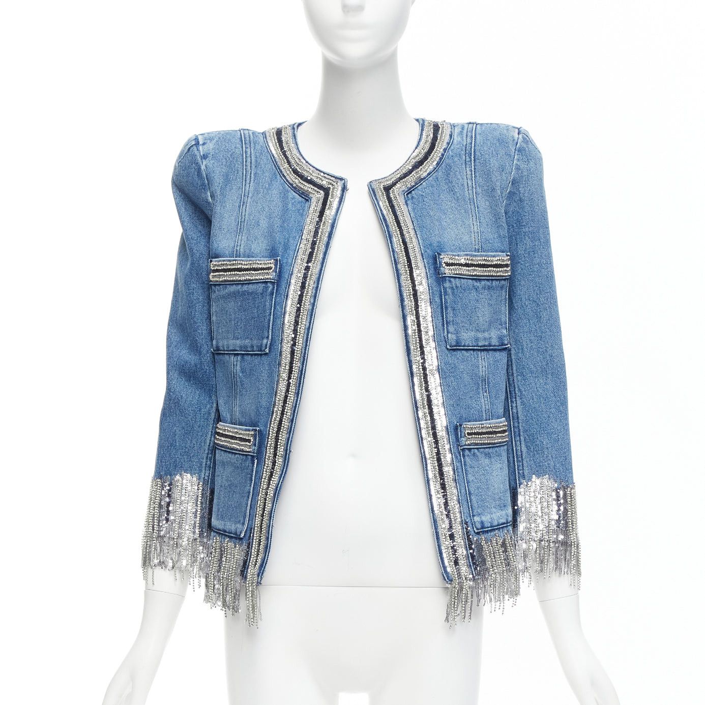 Balmain BALMAIN blue washed cotton denim silver crystal embellished trim jacket FR36 S Size S / US 4 / IT 40 - 3 Thumbnail