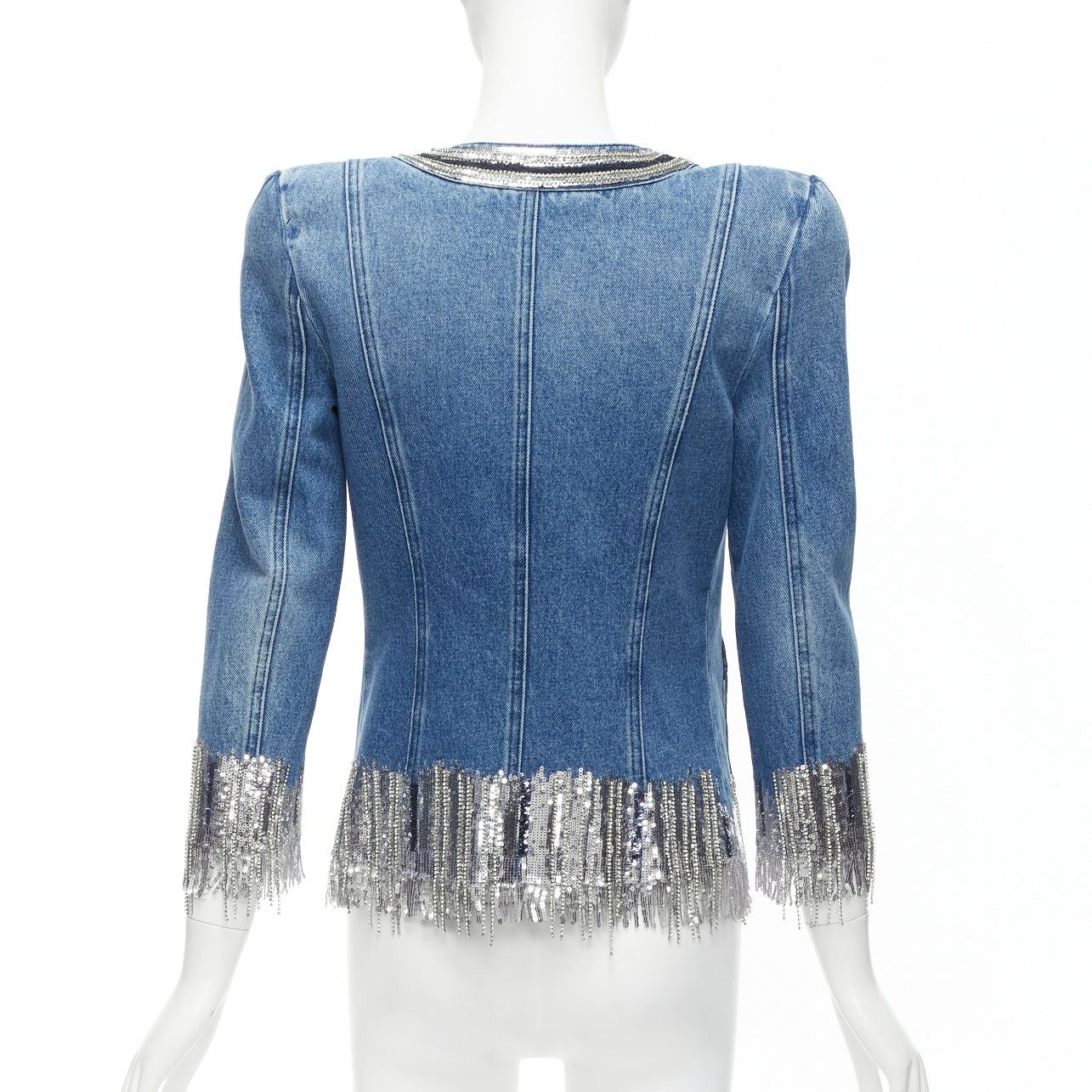 Balmain BALMAIN blue washed cotton denim silver crystal embellished trim jacket FR36 S Size S / US 4 / IT 40 - 6 Thumbnail