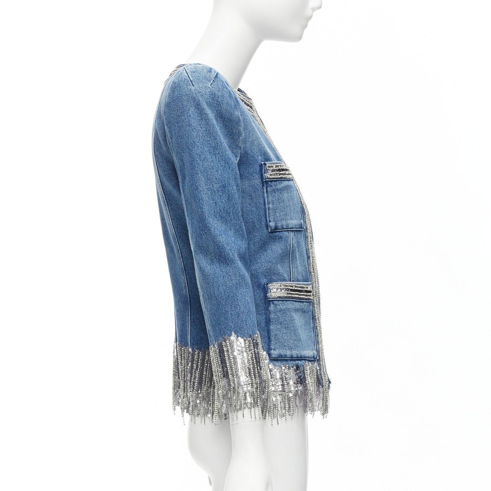 Balmain BALMAIN blue washed cotton denim silver crystal embellished trim jacket FR36 S Size S / US 4 / IT 40 - 5 Thumbnail