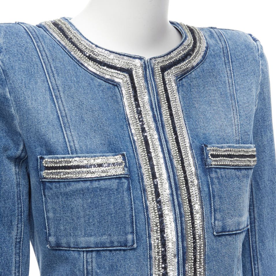 Balmain BALMAIN blue washed cotton denim silver crystal embellished trim jacket FR36 S Size S / US 4 / IT 40 - 8 Thumbnail
