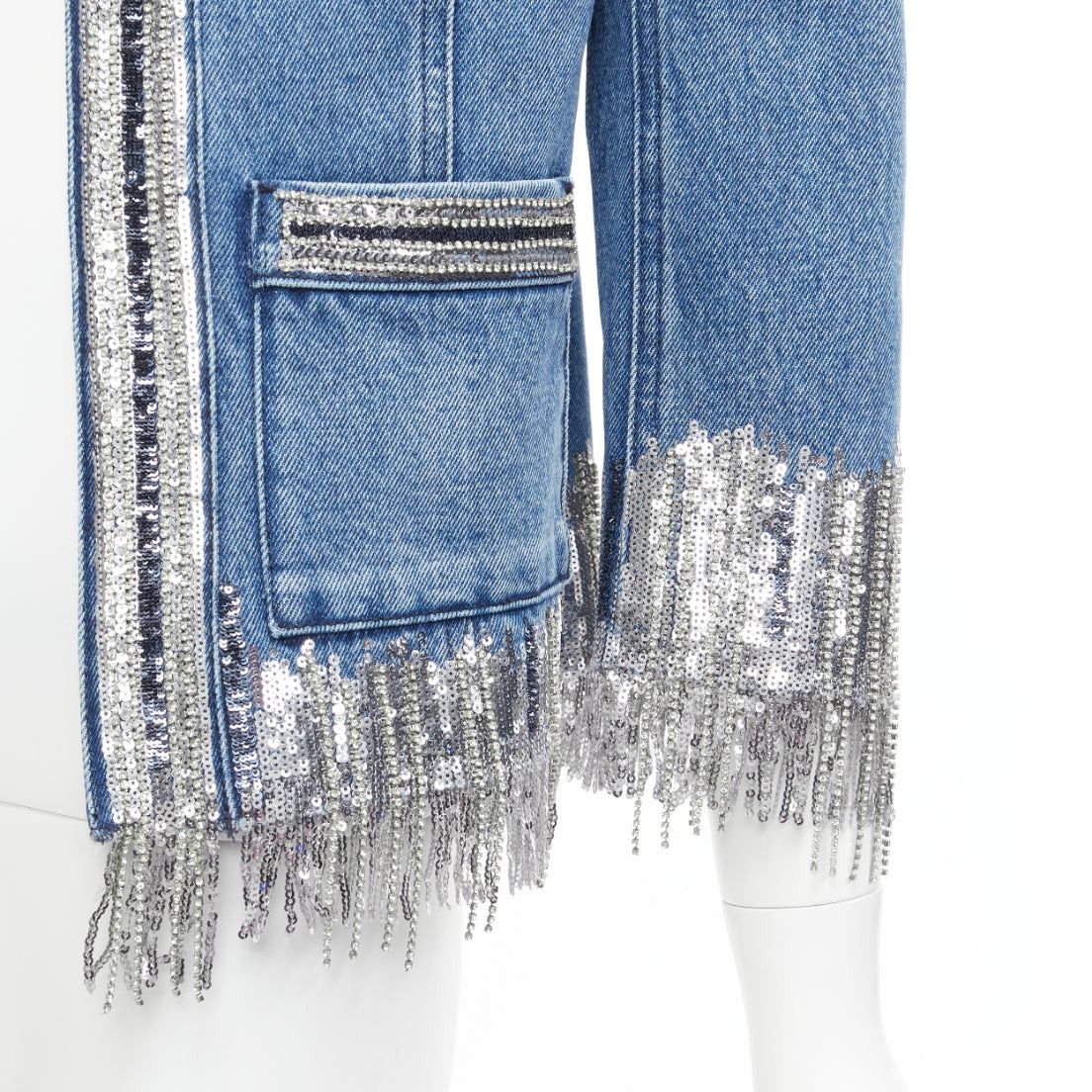 Balmain BALMAIN blue washed cotton denim silver crystal embellished trim jacket FR36 S Size S / US 4 / IT 40 - 2 Thumbnail