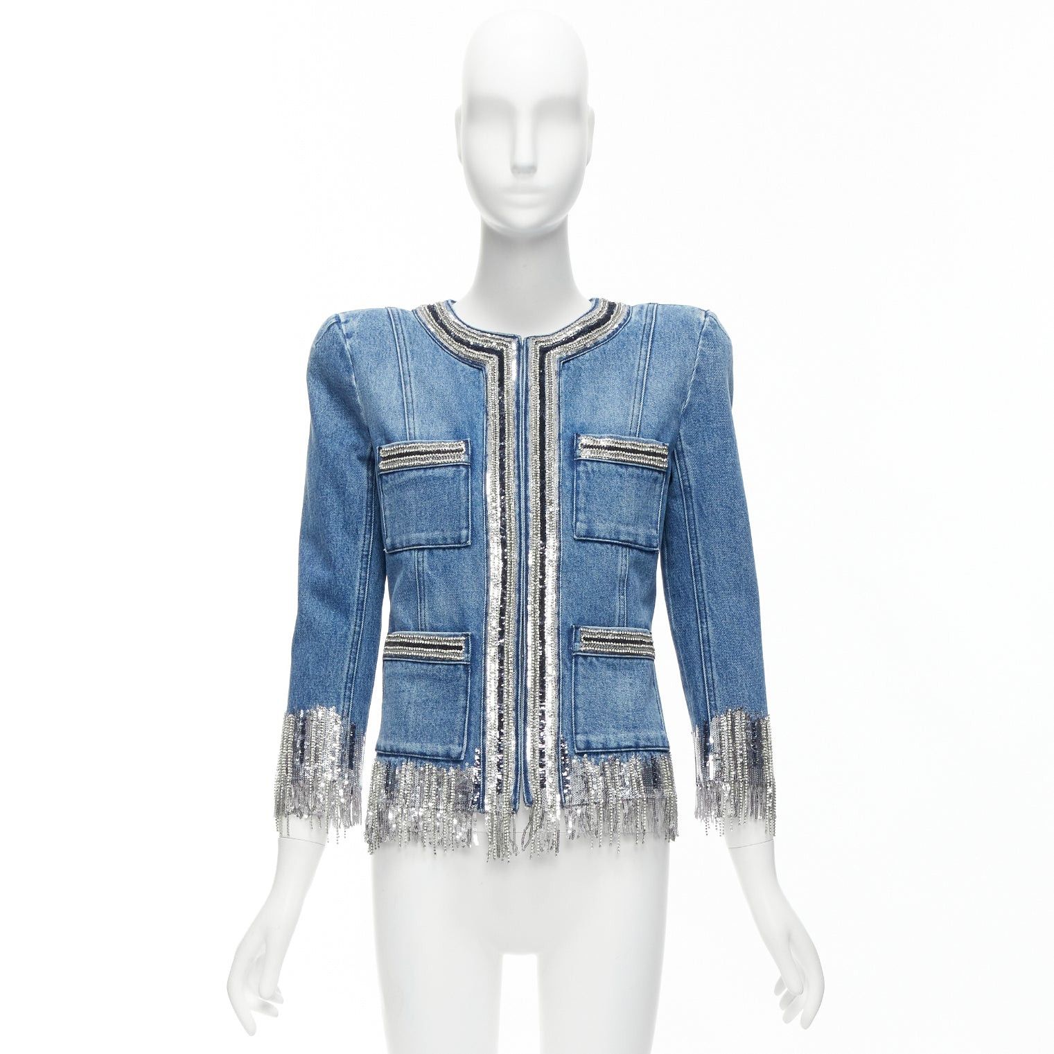 Balmain BALMAIN blue washed cotton denim silver crystal embellished trim jacket FR36 S Size S / US 4 / IT 40 - 11 Thumbnail