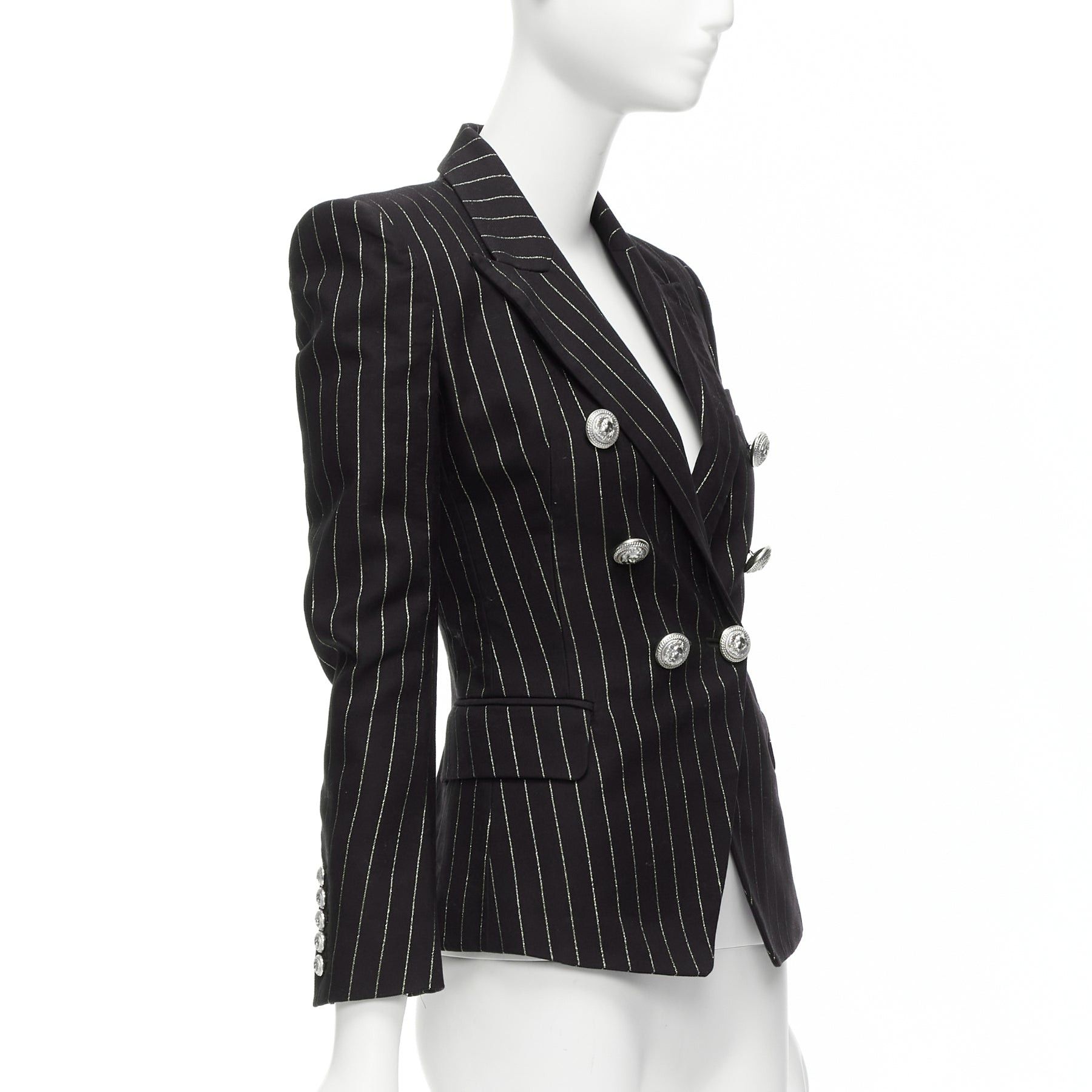 Balmain BALMAIN metallic gold striped black cotton blend double breasted blazer FR34 XS Size XS / US 0-2 / IT 36-38 - 4 Thumbnail