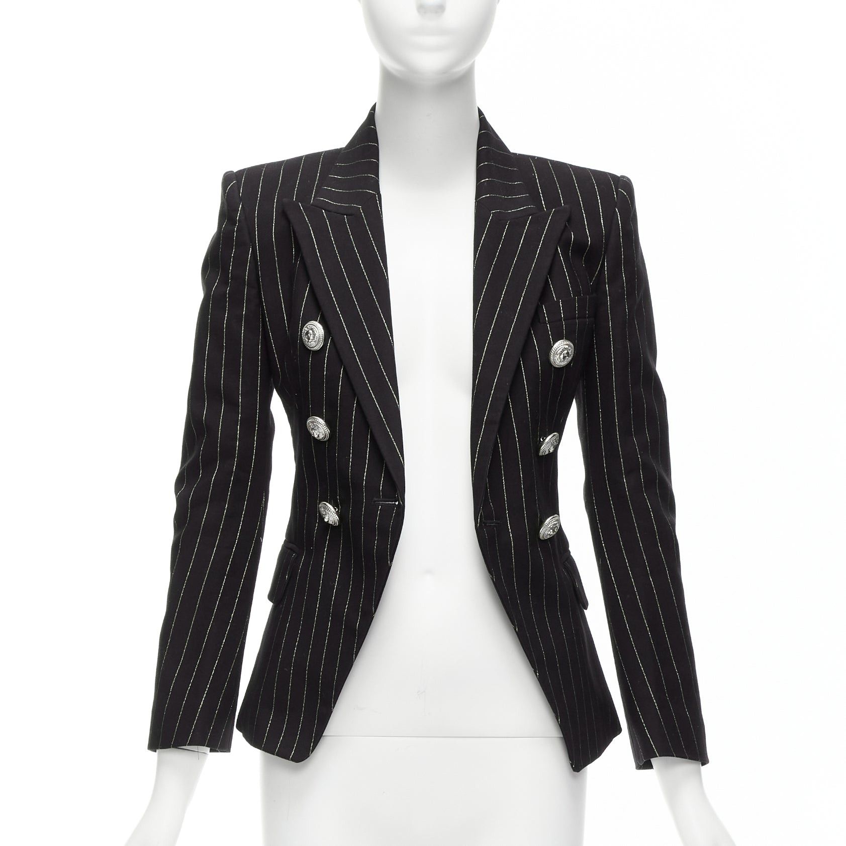 Balmain BALMAIN metallic gold striped black cotton blend double breasted blazer FR34 XS Size XS / US 0-2 / IT 36-38 - 3 Thumbnail
