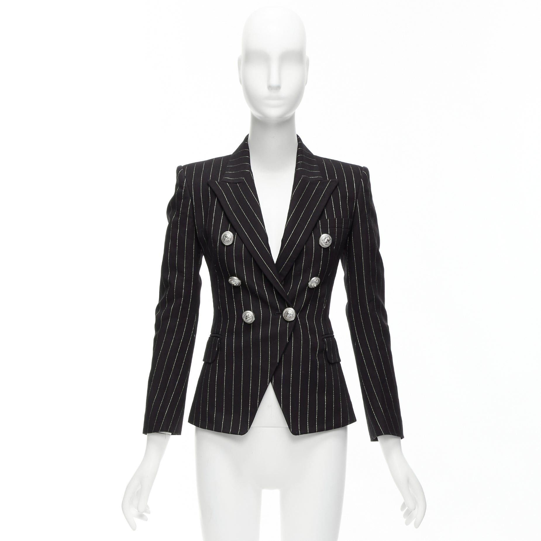 Balmain BALMAIN metallic gold striped black cotton blend double breasted blazer FR34 XS Size XS / US 0-2 / IT 36-38 - 10 Thumbnail