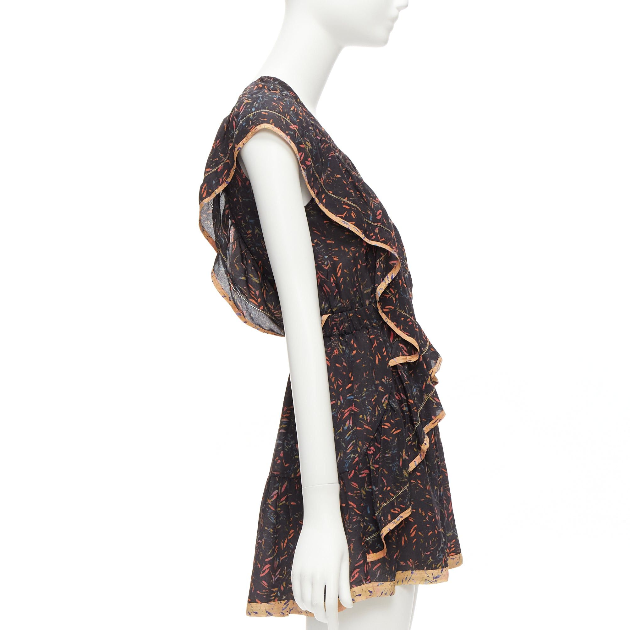 Iro IRO 2018 Jicka 100% silk black coral orange floral ruffle short dress FR34 XS Size XS / US 0-2 / IT 36-38 - 4 Thumbnail