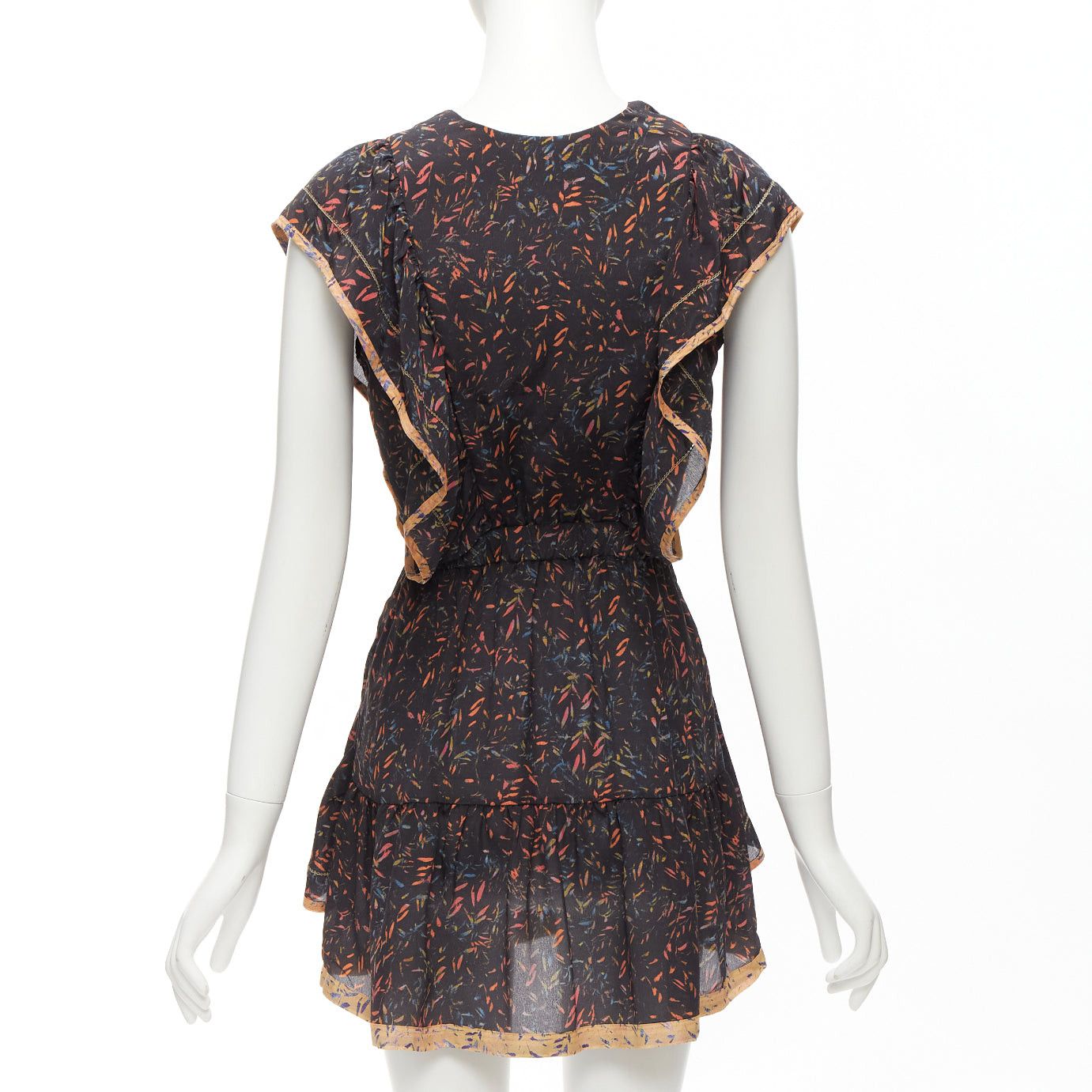 Iro IRO 2018 Jicka 100% silk black coral orange floral ruffle short dress FR34 XS Size XS / US 0-2 / IT 36-38 - 5 Thumbnail