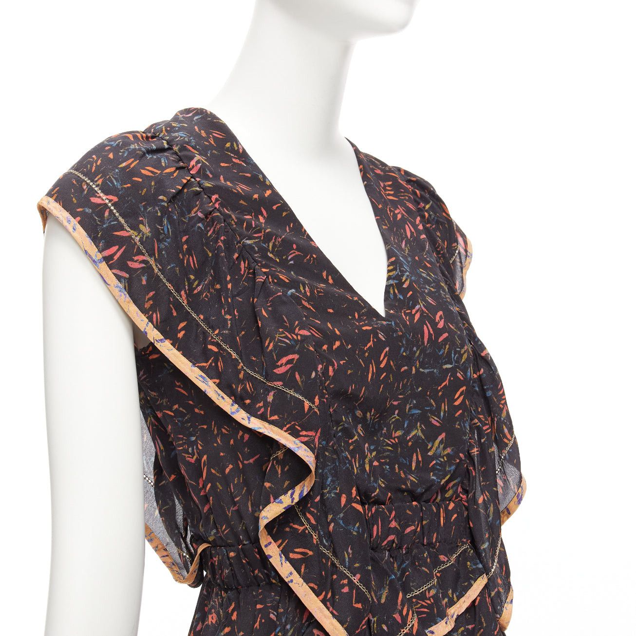 Iro IRO 2018 Jicka 100% silk black coral orange floral ruffle short dress FR34 XS Size XS / US 0-2 / IT 36-38 - 7 Thumbnail