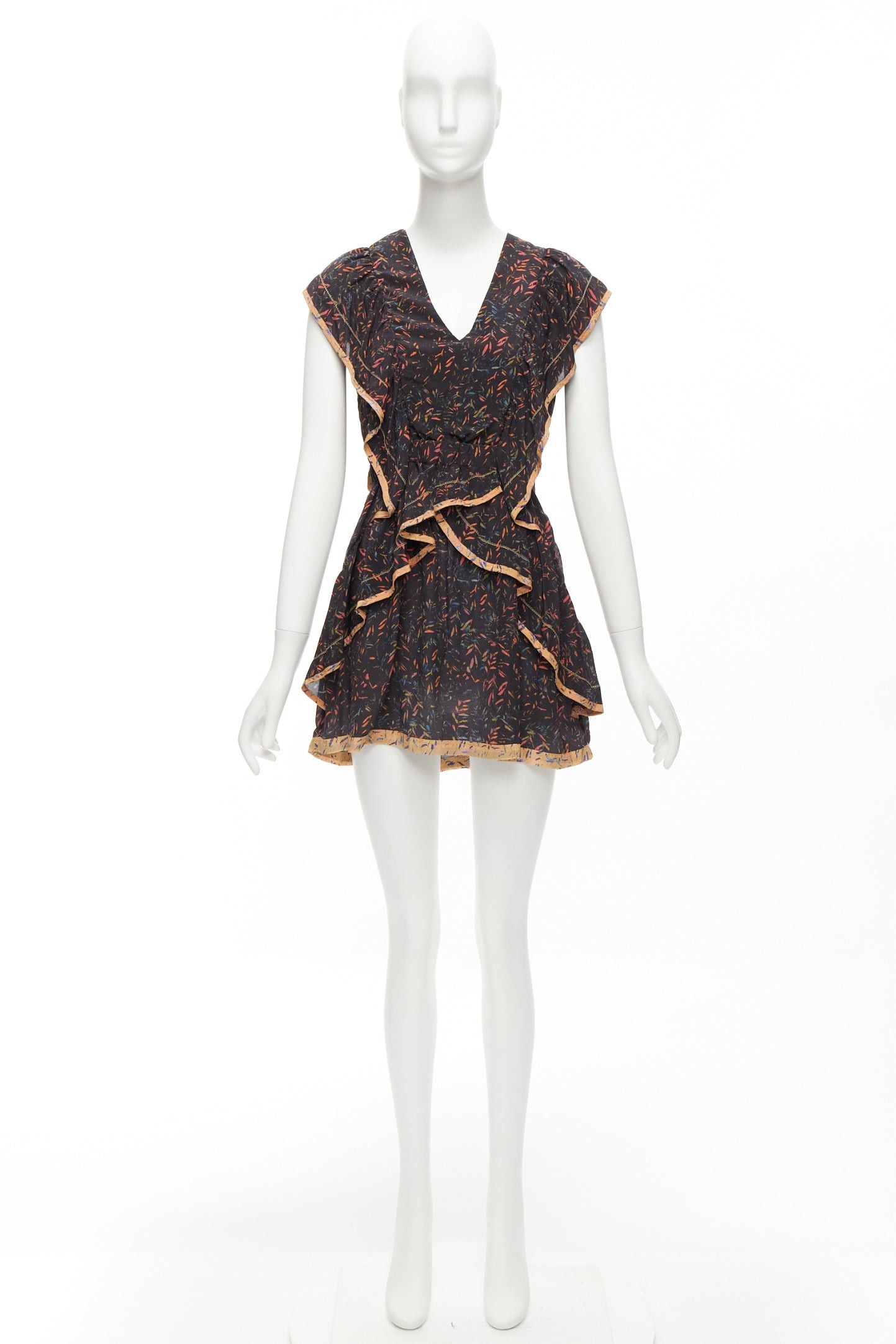 Iro IRO 2018 Jicka 100% silk black coral orange floral ruffle short dress FR34 XS Size XS / US 0-2 / IT 36-38 - 9 Thumbnail