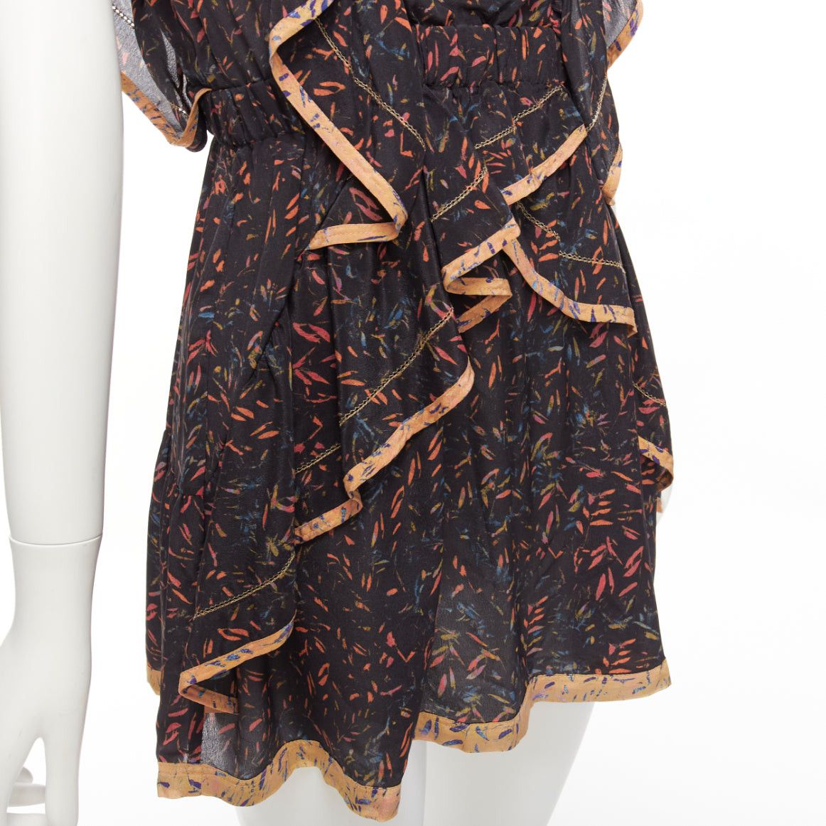 Iro IRO 2018 Jicka 100% silk black coral orange floral ruffle short dress FR34 XS Size XS / US 0-2 / IT 36-38 - 2 Thumbnail