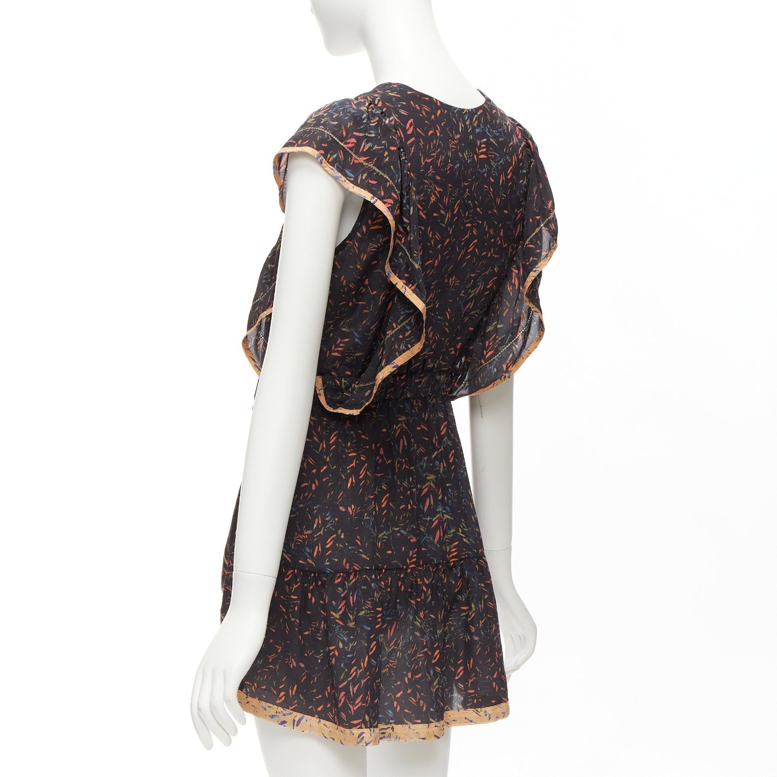 Iro IRO 2018 Jicka 100% silk black coral orange floral ruffle short dress FR34 XS Size XS / US 0-2 / IT 36-38 - 6 Thumbnail