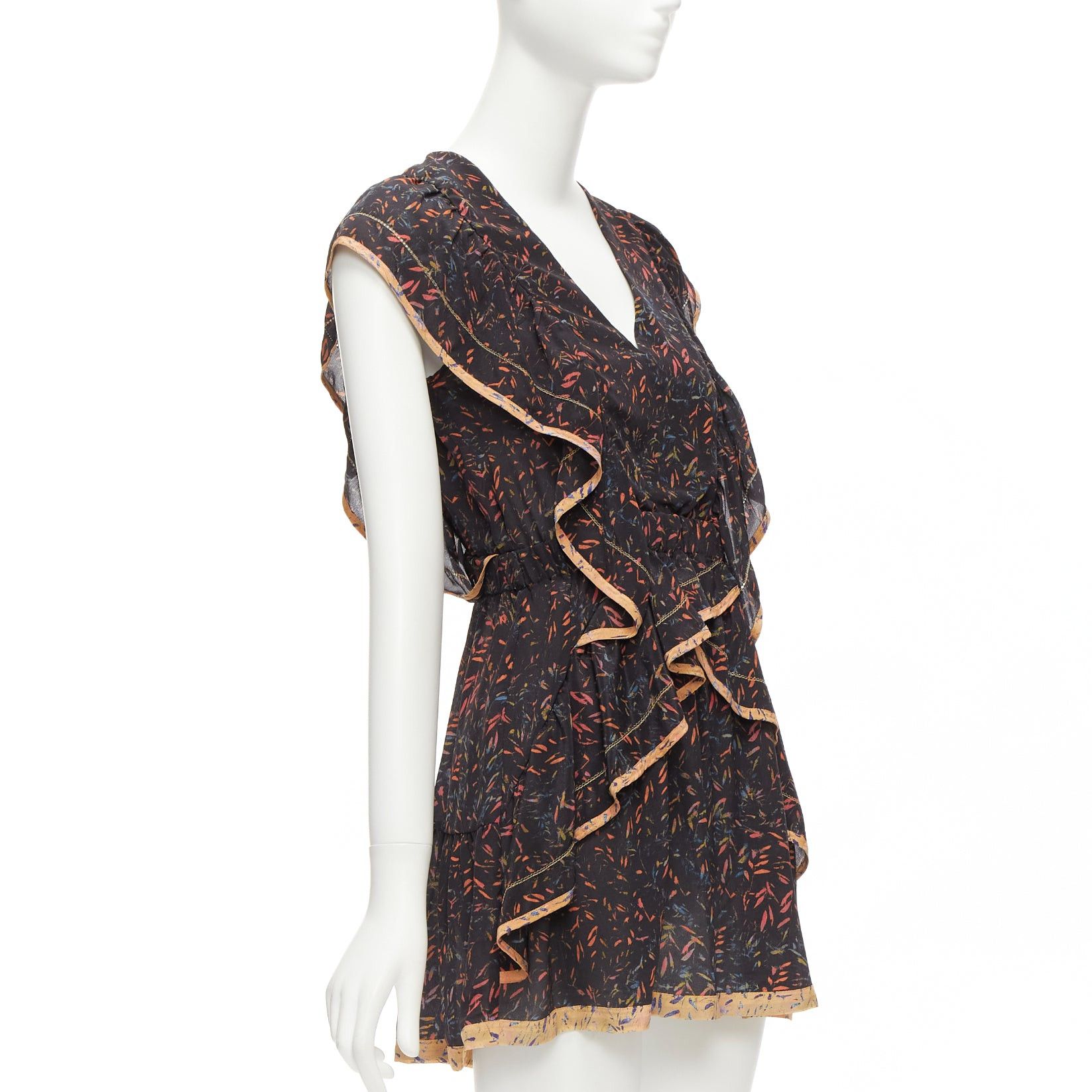 Iro IRO 2018 Jicka 100% silk black coral orange floral ruffle short dress FR34 XS Size XS / US 0-2 / IT 36-38 - 3 Thumbnail