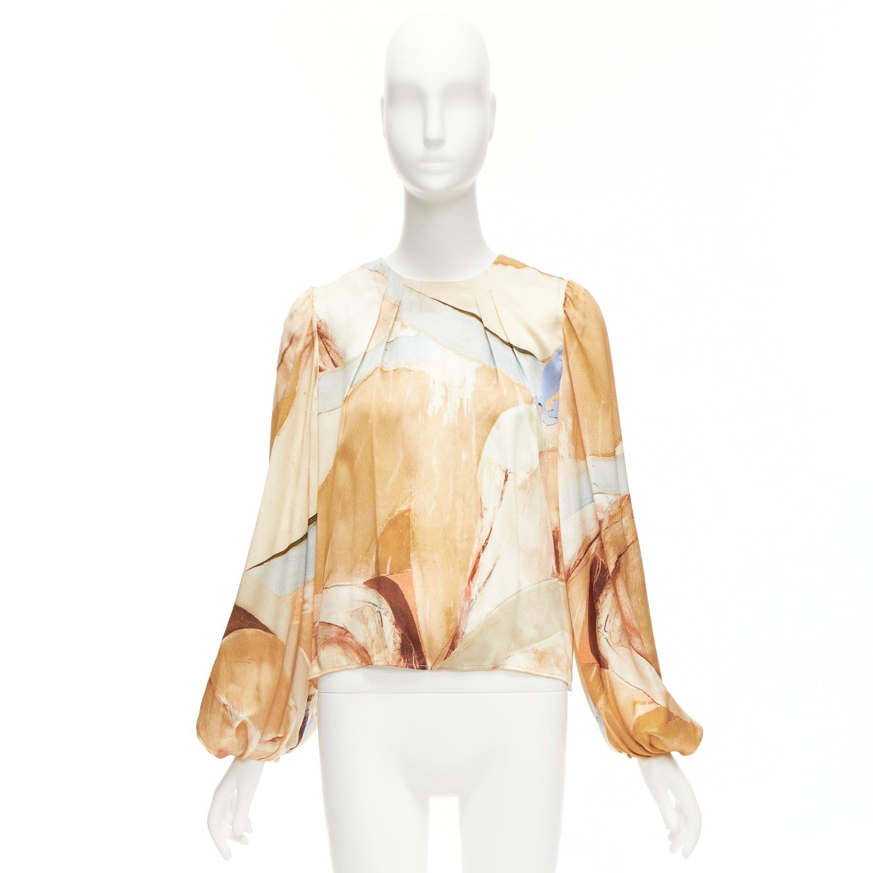 Aje AJE 2018 100% silk beige blue abstract brush print puff sleeve top UK6 XS Size XS / US 0-2 / IT 36-38 - 9 Thumbnail