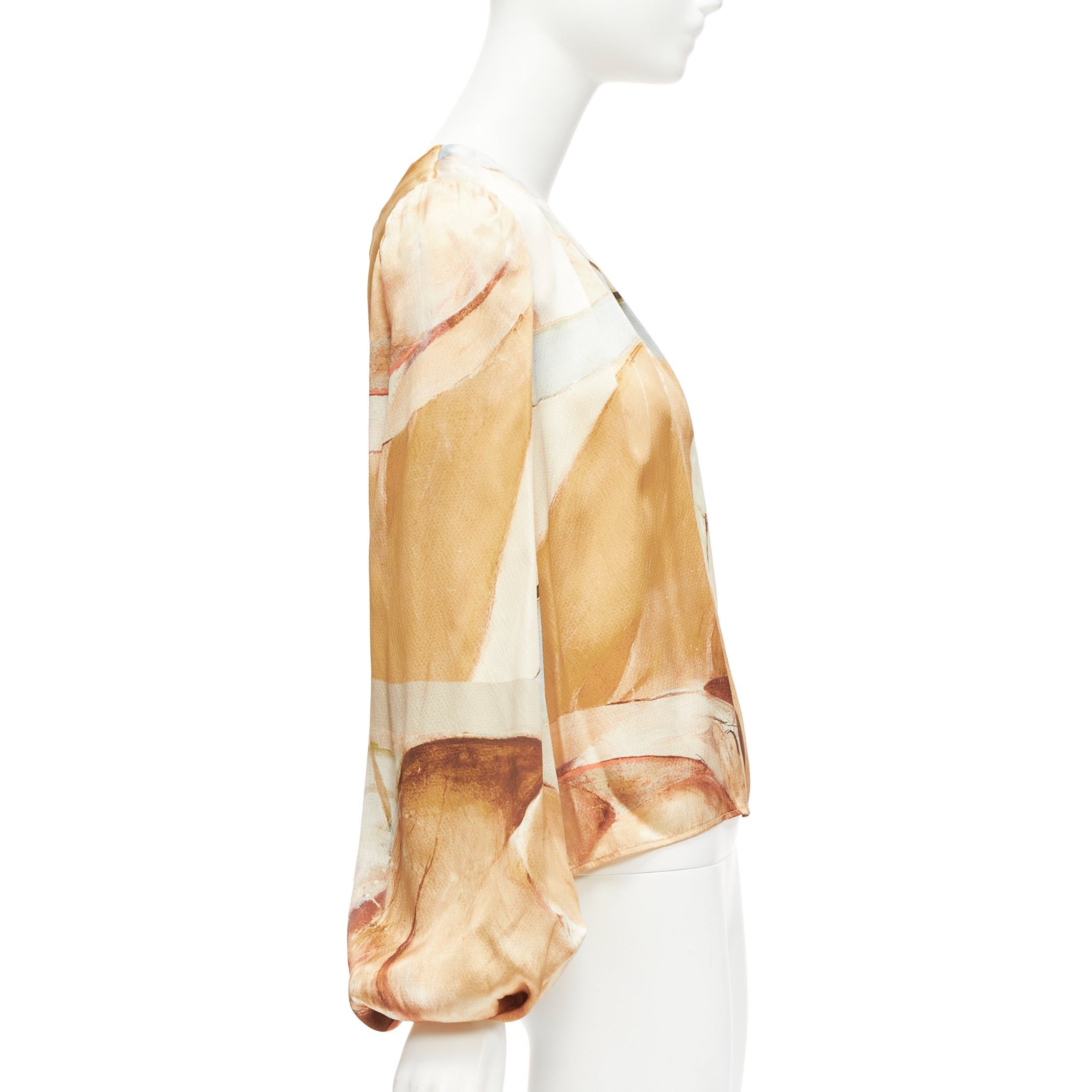 Aje AJE 2018 100% silk beige blue abstract brush print puff sleeve top UK6 XS Size XS / US 0-2 / IT 36-38 - 4 Thumbnail
