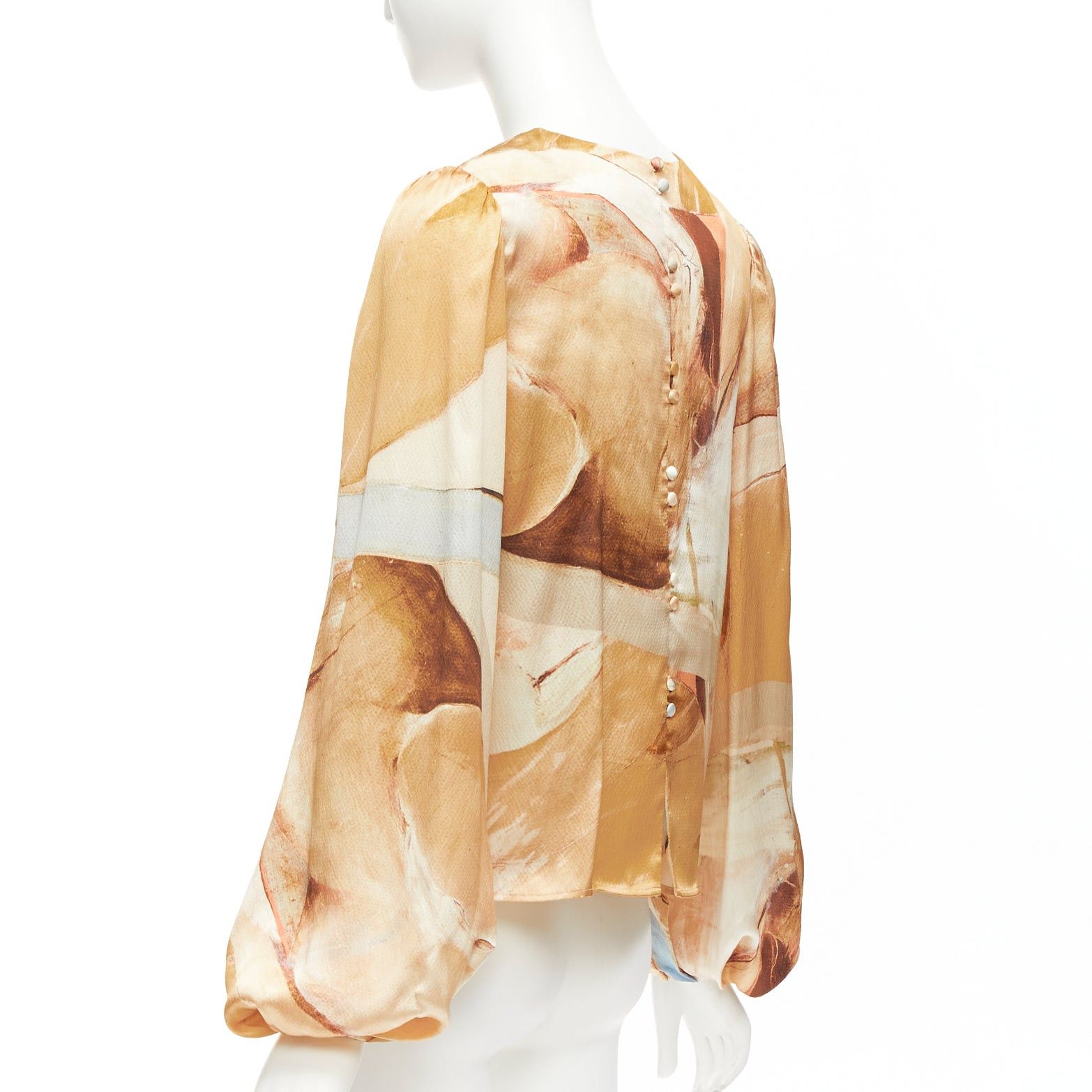 Aje AJE 2018 100% silk beige blue abstract brush print puff sleeve top UK6 XS Size XS / US 0-2 / IT 36-38 - 6 Thumbnail