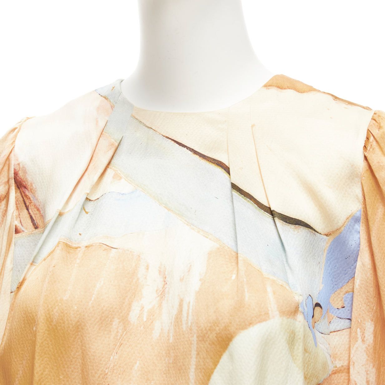 Aje AJE 2018 100% silk beige blue abstract brush print puff sleeve top UK6 XS Size XS / US 0-2 / IT 36-38 - 7 Thumbnail