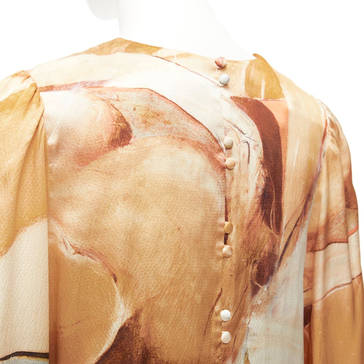 Aje AJE 2018 100% silk beige blue abstract brush print puff sleeve top UK6 XS Size XS / US 0-2 / IT 36-38 - 2 Thumbnail