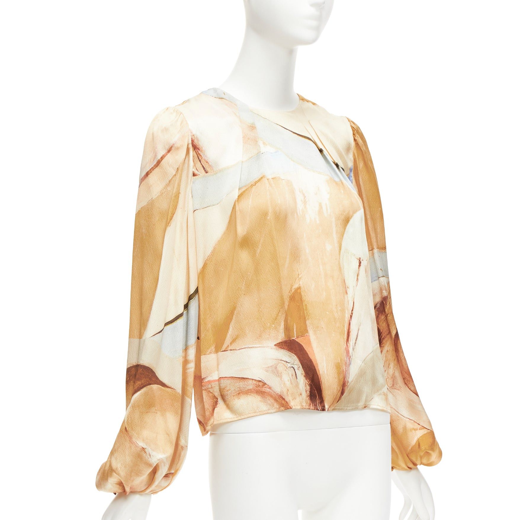 Aje AJE 2018 100% silk beige blue abstract brush print puff sleeve top UK6 XS Size XS / US 0-2 / IT 36-38 - 3 Thumbnail