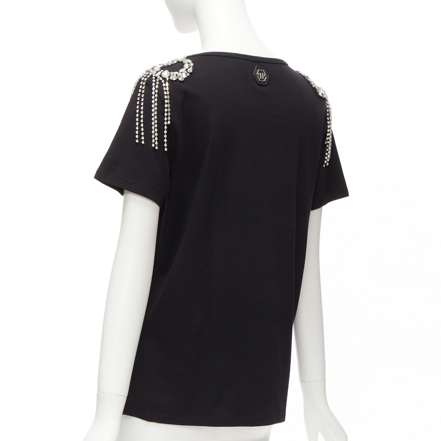 Philipp Plein PHILLIP PLEIN FEMME black logo embroidery clear crystal fringe embellished tshirt XS Size S / US 4 / IT 40 - 6 Thumbnail