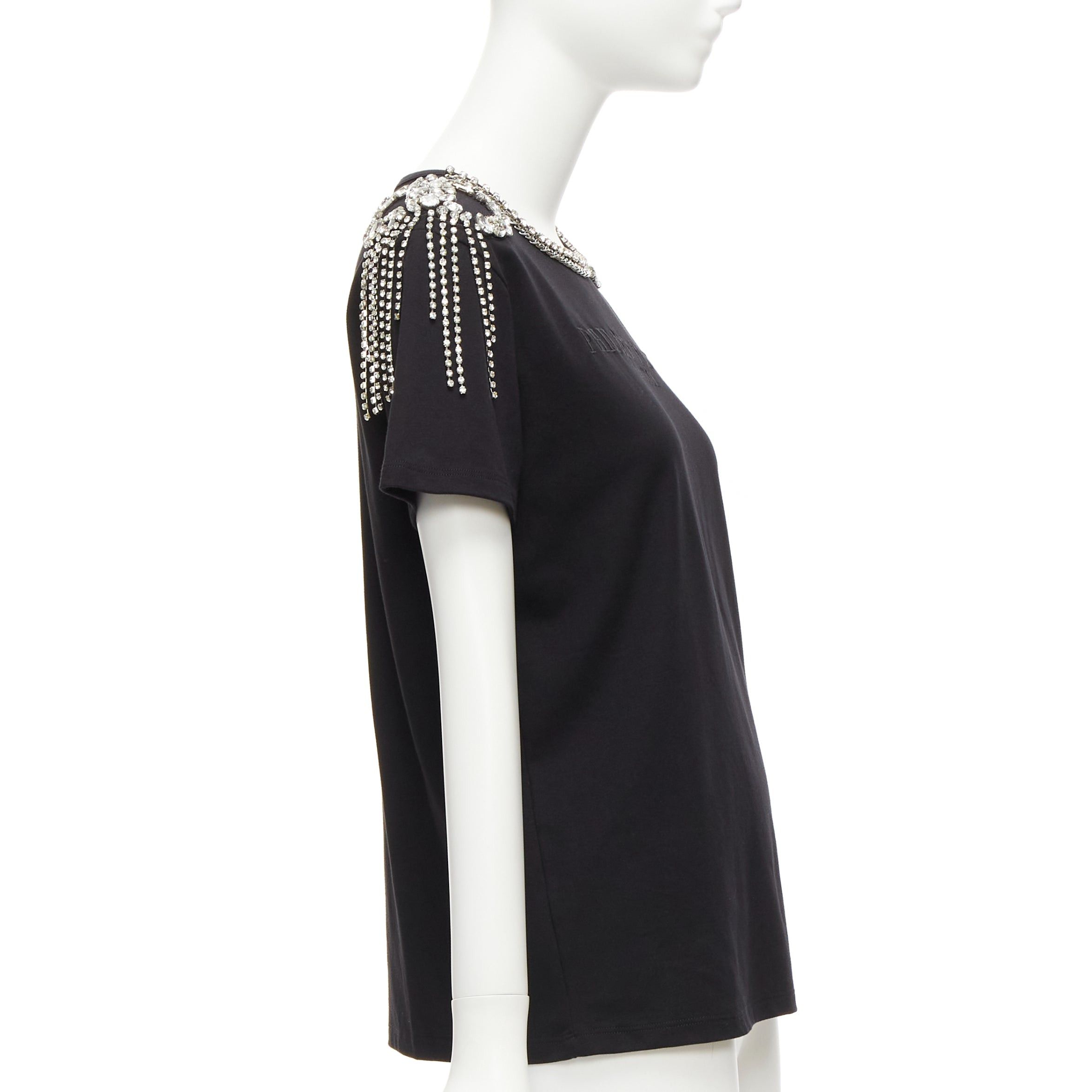 Philipp Plein PHILLIP PLEIN FEMME black logo embroidery clear crystal fringe embellished tshirt XS Size S / US 4 / IT 40 - 4 Thumbnail