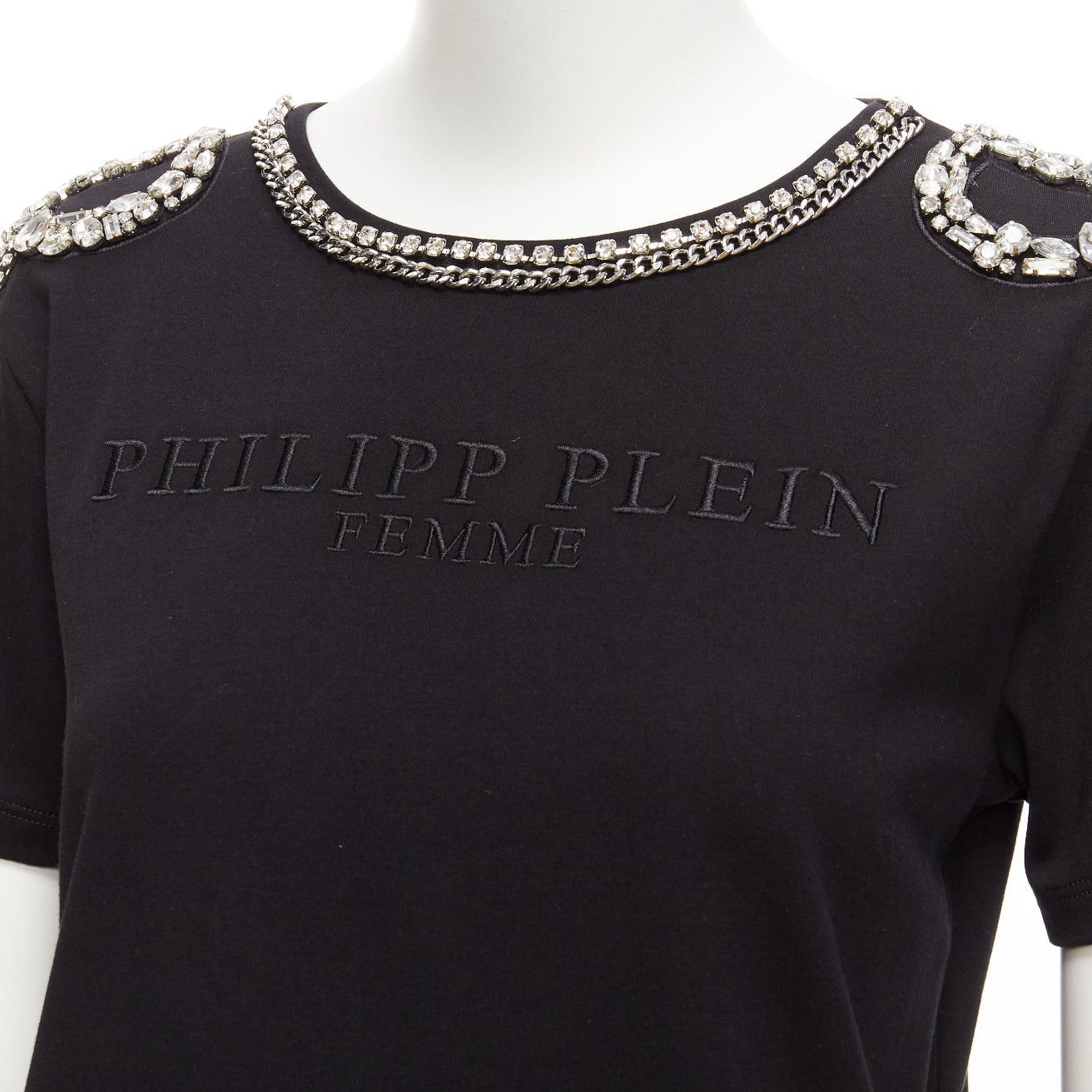 Philipp Plein PHILLIP PLEIN FEMME black logo embroidery clear crystal fringe embellished tshirt XS Size S / US 4 / IT 40 - 2 Thumbnail