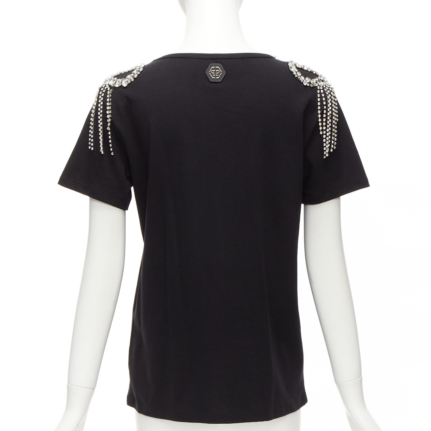 Philipp Plein PHILLIP PLEIN FEMME black logo embroidery clear crystal fringe embellished tshirt XS Size S / US 4 / IT 40 - 5 Thumbnail