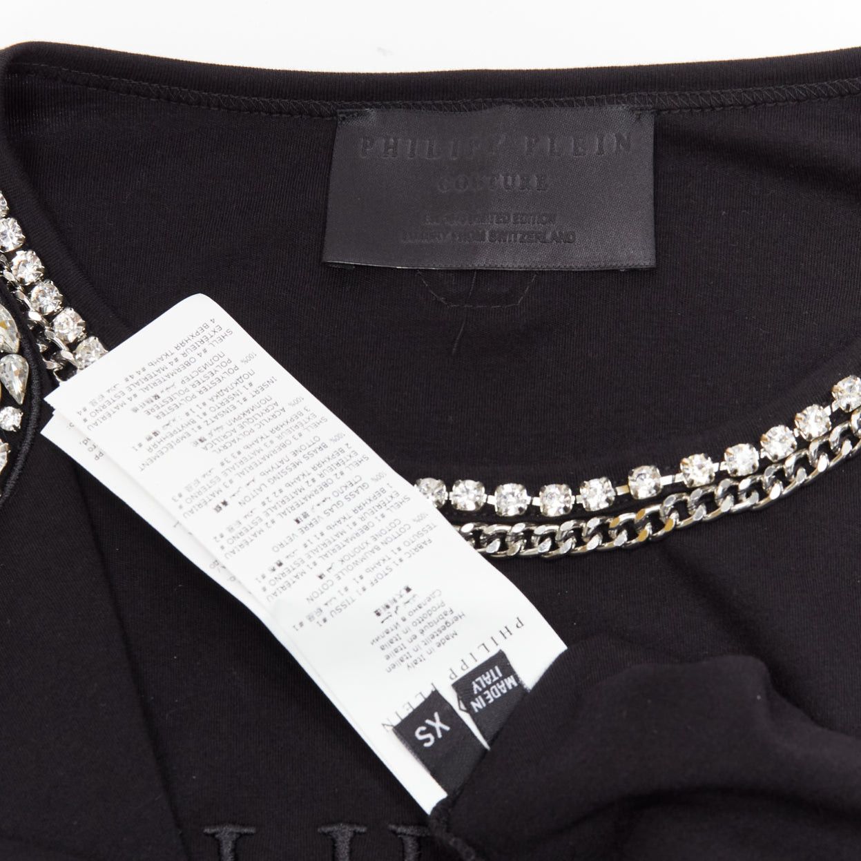 Philipp Plein PHILLIP PLEIN FEMME black logo embroidery clear crystal fringe embellished tshirt XS Size S / US 4 / IT 40 - 8 Thumbnail