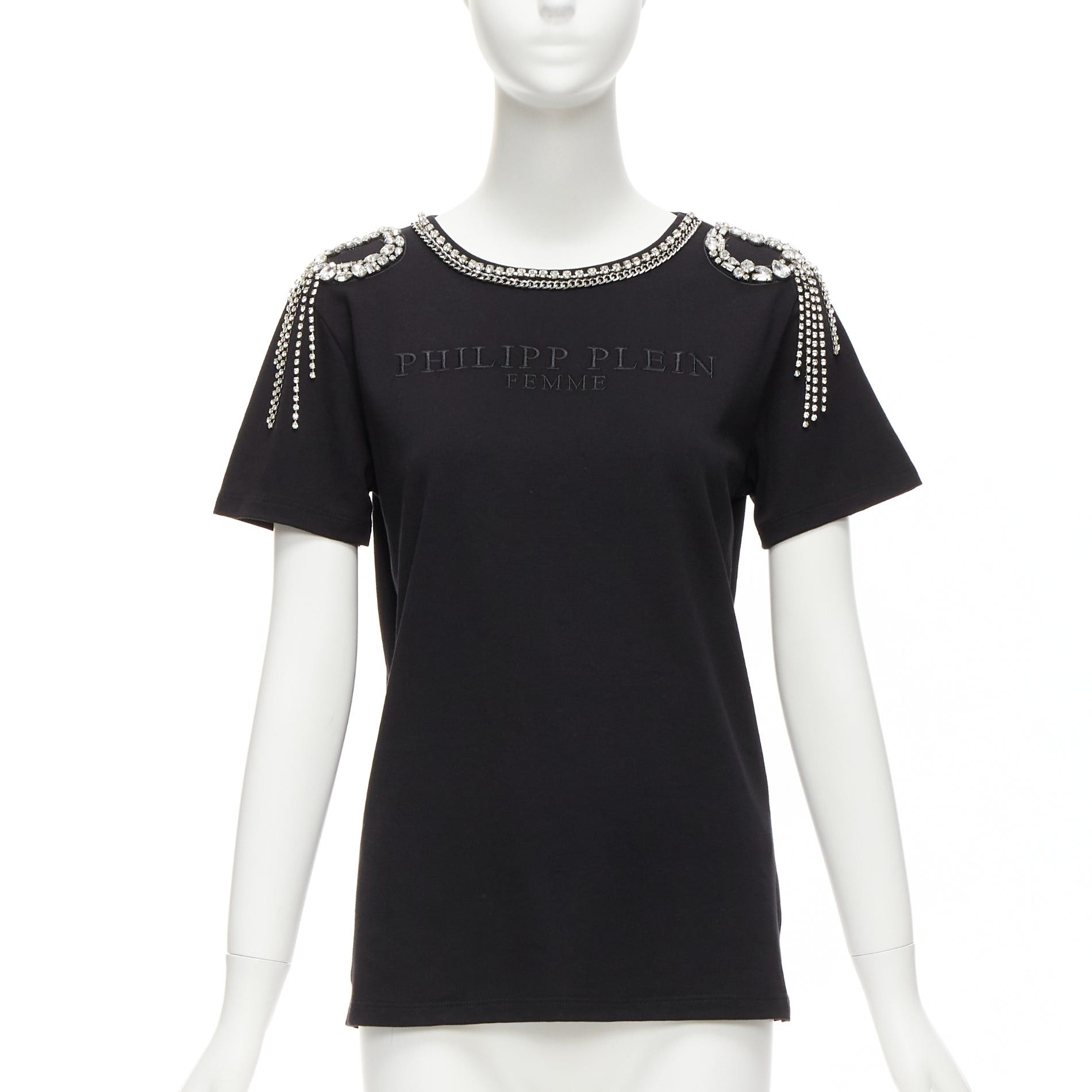 Philipp Plein PHILLIP PLEIN FEMME black logo embroidery clear crystal fringe embellished tshirt XS Size S / US 4 / IT 40 - 3 Thumbnail