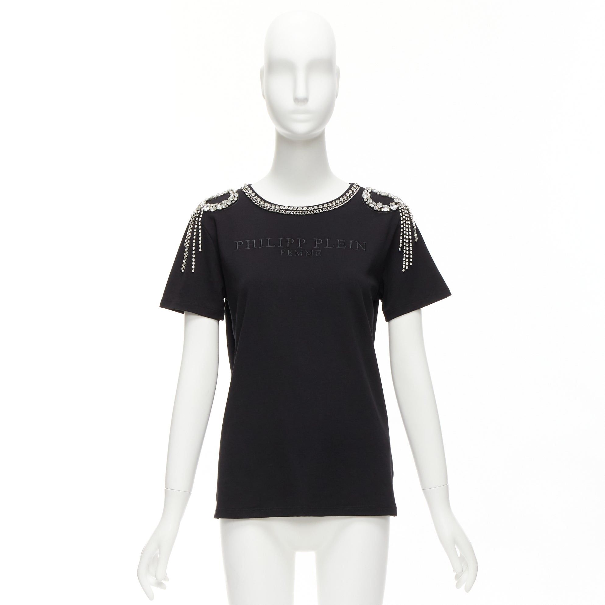 Philipp Plein PHILLIP PLEIN FEMME black logo embroidery clear crystal fringe embellished tshirt XS Size S / US 4 / IT 40 - 9 Thumbnail
