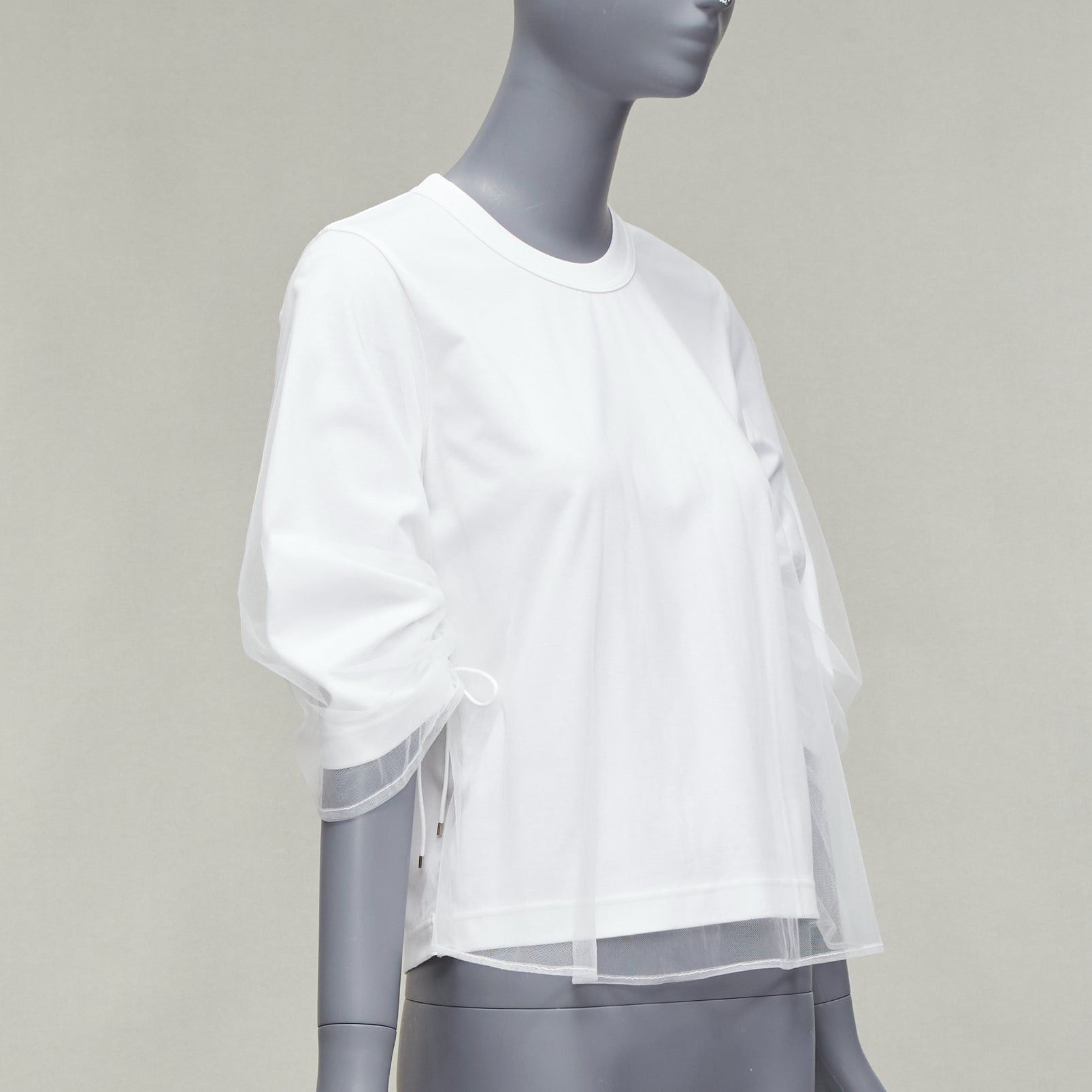 Noir Kei Ninomiya NOIR KEI NINOMIYA 2018 white cotton tulle overlay ruched sleeve tshirt XS Size XS / US 0-2 / IT 36-38 - 3 Thumbnail