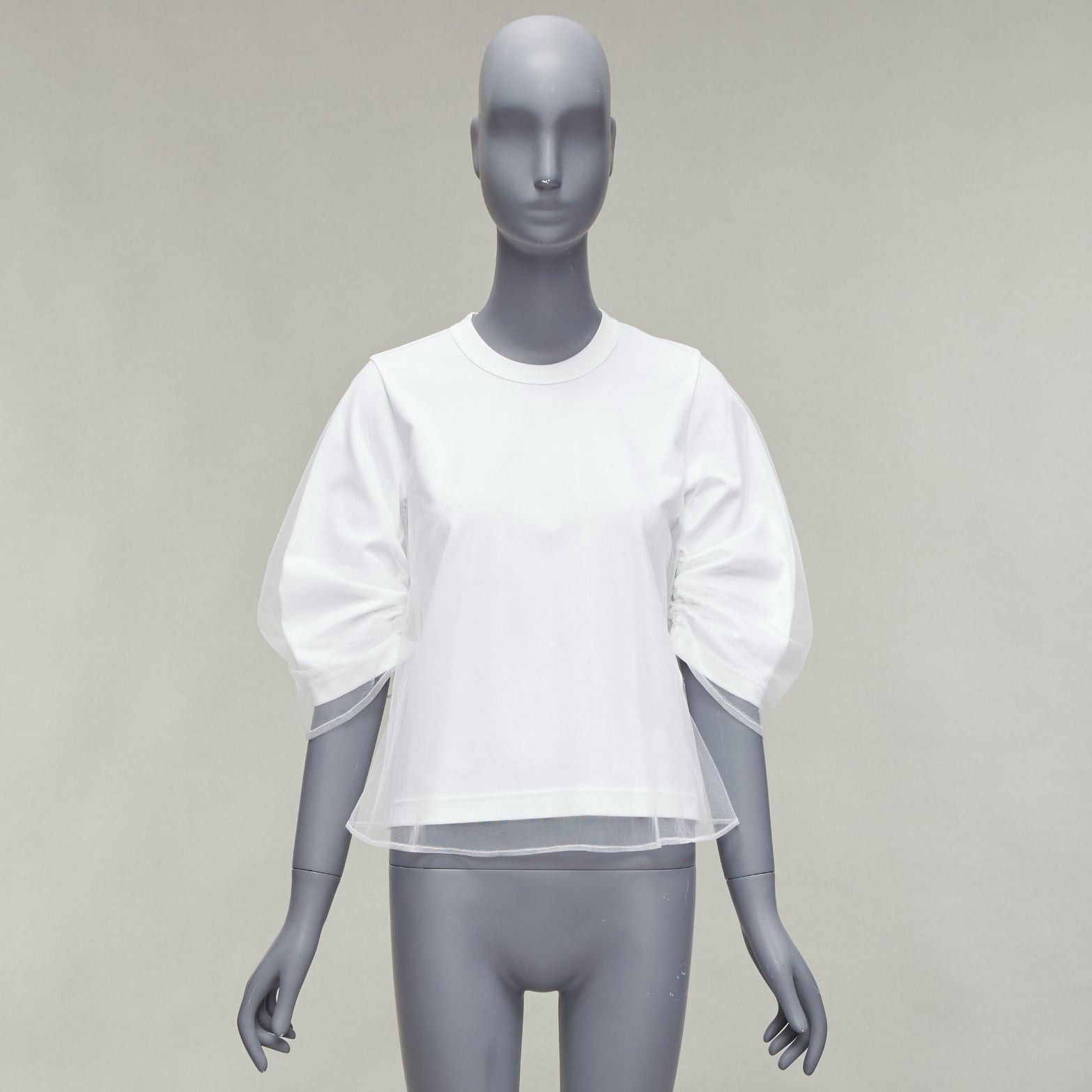 Noir Kei Ninomiya NOIR KEI NINOMIYA 2018 white cotton tulle overlay ruched sleeve tshirt XS Size XS / US 0-2 / IT 36-38 - 9 Thumbnail