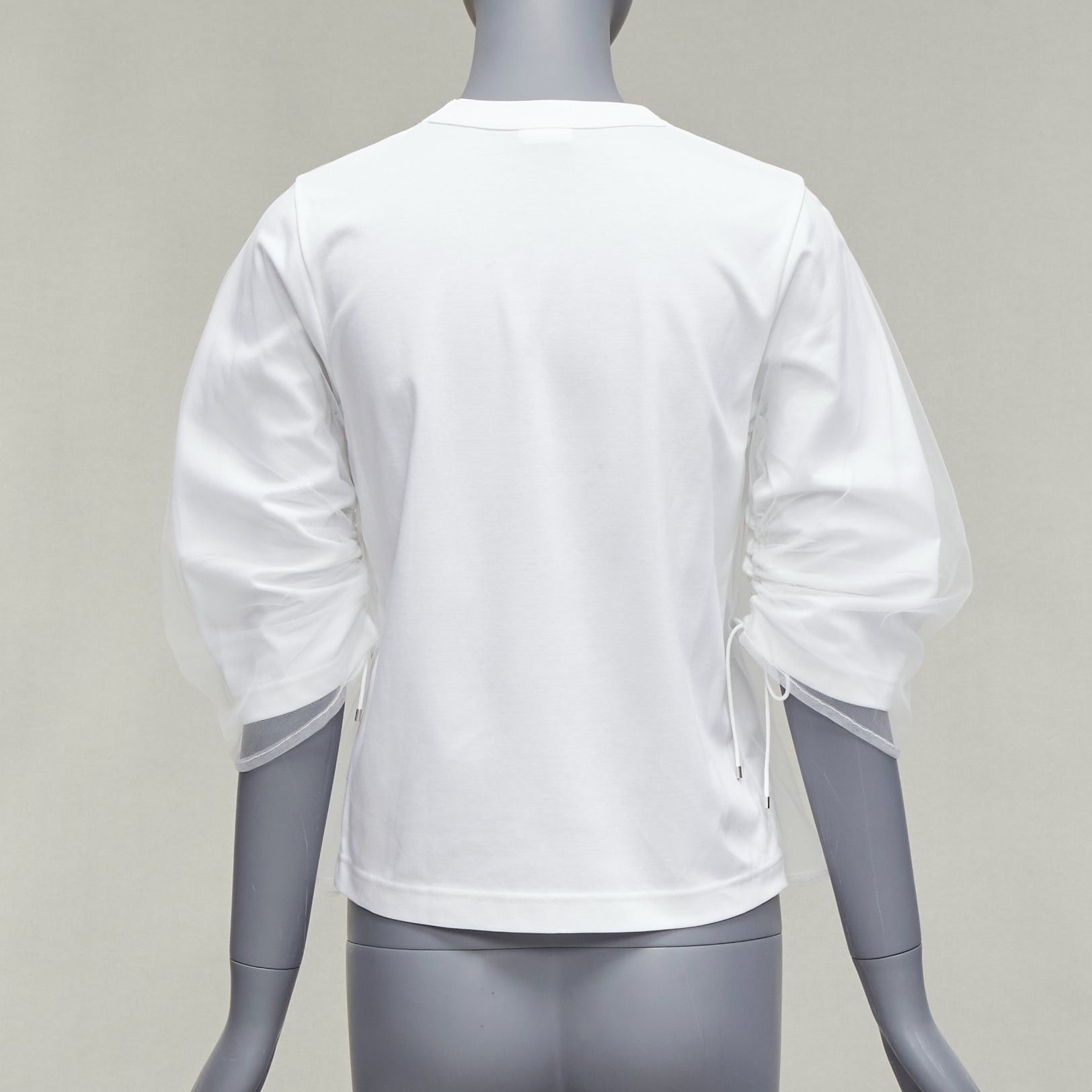 Noir Kei Ninomiya NOIR KEI NINOMIYA 2018 white cotton tulle overlay ruched sleeve tshirt XS Size XS / US 0-2 / IT 36-38 - 5 Thumbnail
