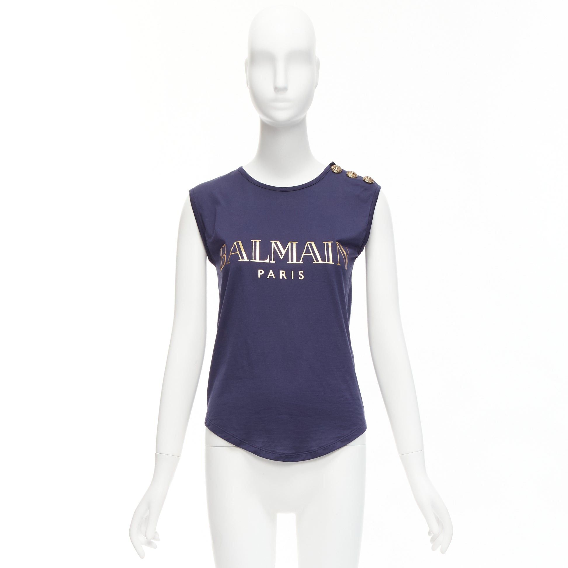 Balmain BALMAIN navy gold foil logo military button shoulder tank top FR34 XS Size XS / US 0-2 / IT 36-38 - 9 Thumbnail