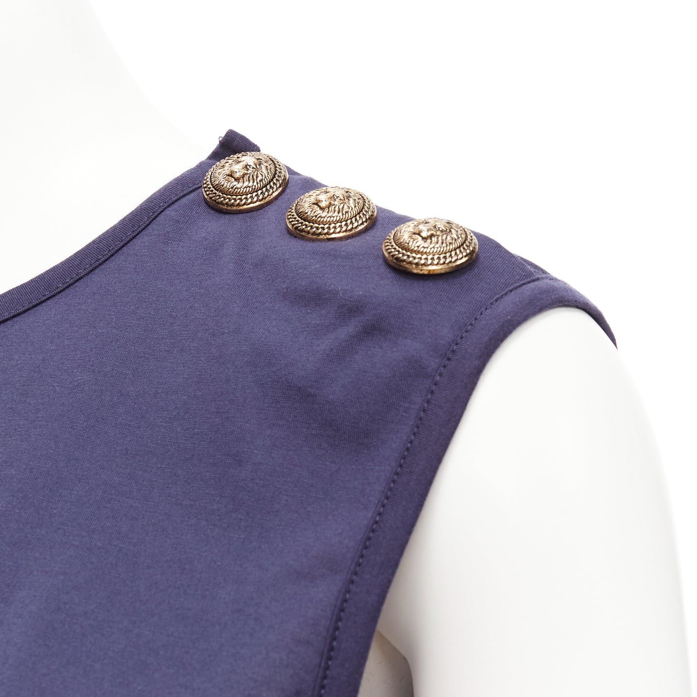 Balmain BALMAIN navy gold foil logo military button shoulder tank top FR34 XS Size XS / US 0-2 / IT 36-38 - 2 Thumbnail