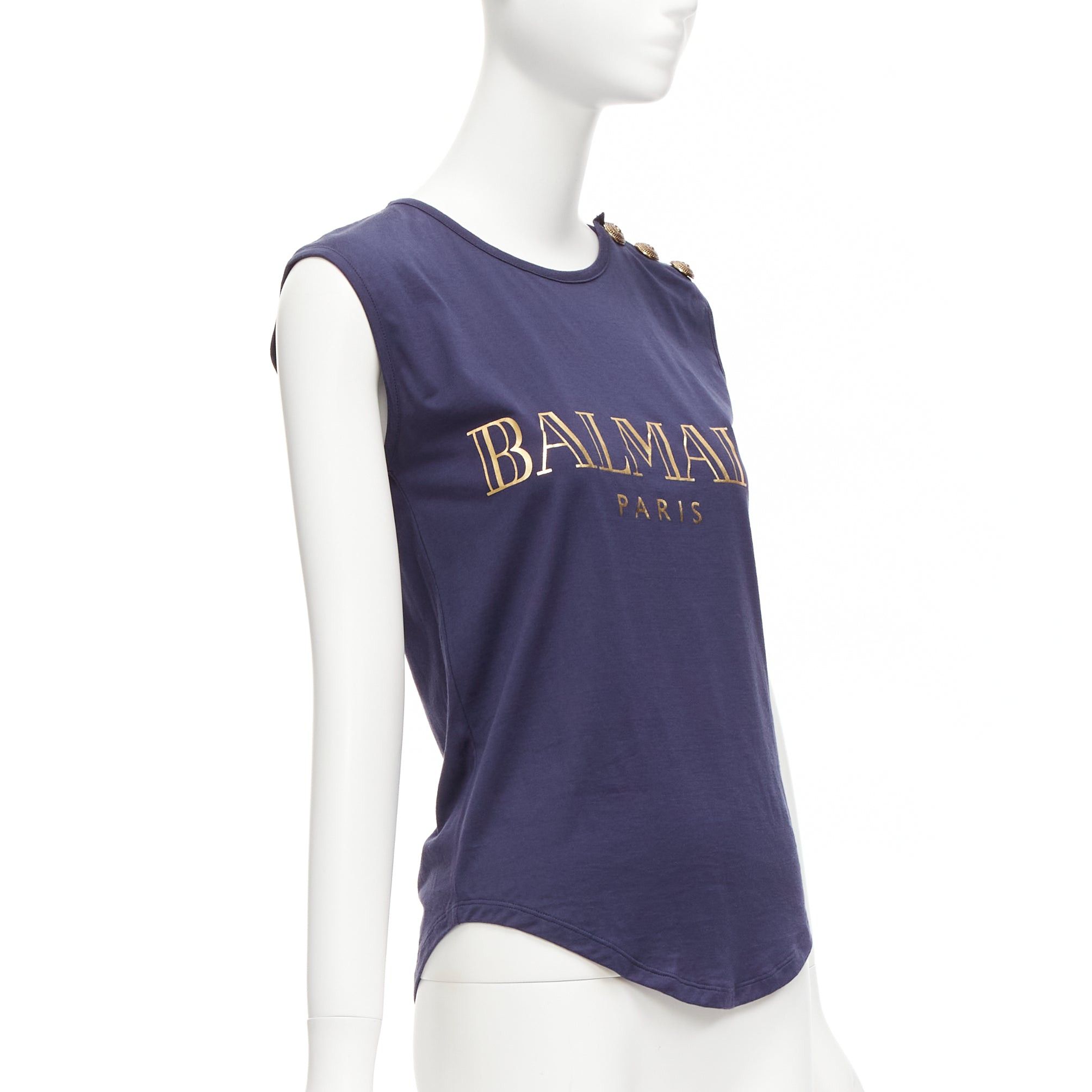 Balmain BALMAIN navy gold foil logo military button shoulder tank top FR34 XS Size XS / US 0-2 / IT 36-38 - 3 Thumbnail
