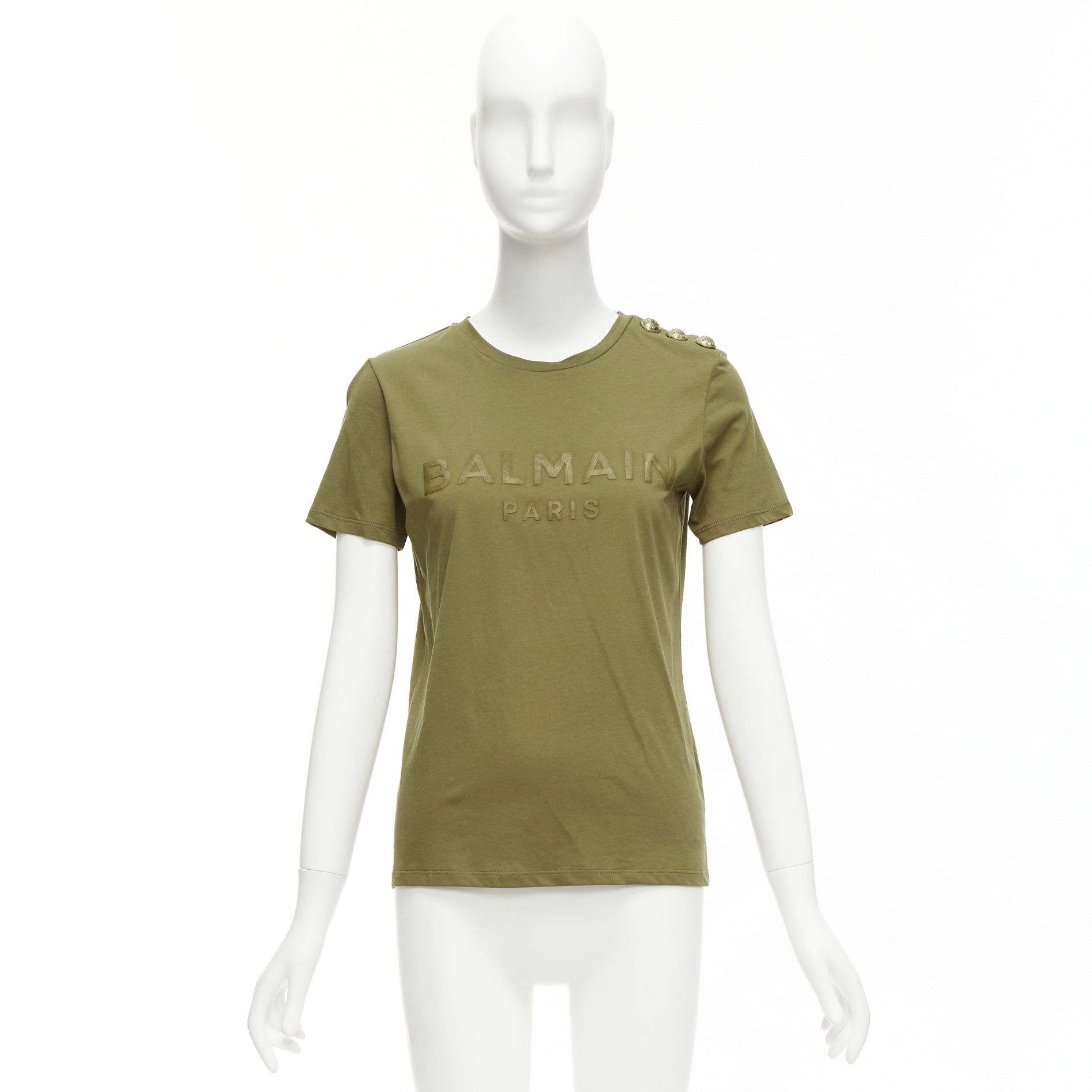 Balmain BALMAIN green brown distressed logo military buttons tshirt XS Size S / US 4 / IT 40 - 9 Thumbnail