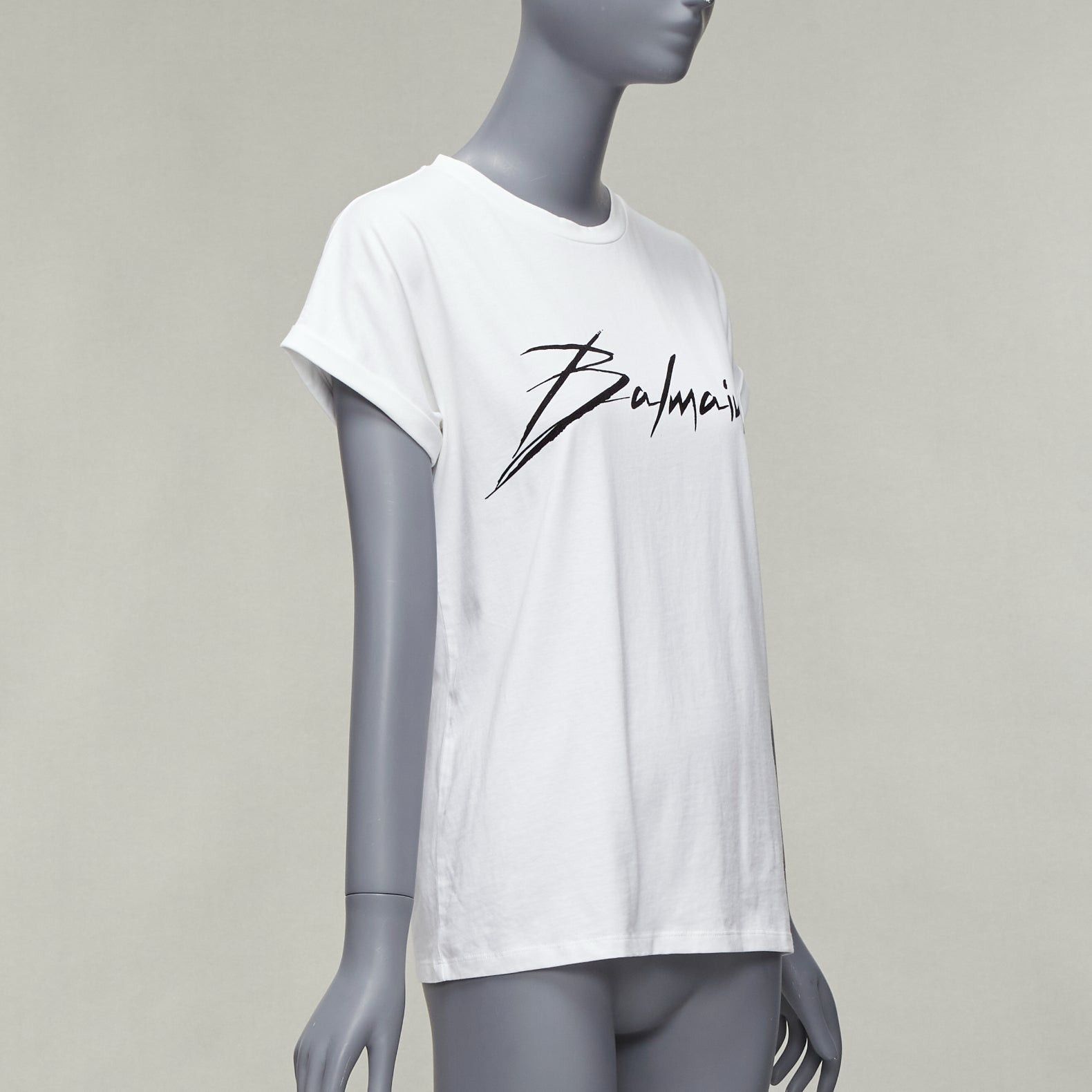 Balmain BALMAIN black signature logo velvet print cuffed sleeve white tshirt FR34 XS Size XS / US 0-2 / IT 36-38 - 3 Thumbnail