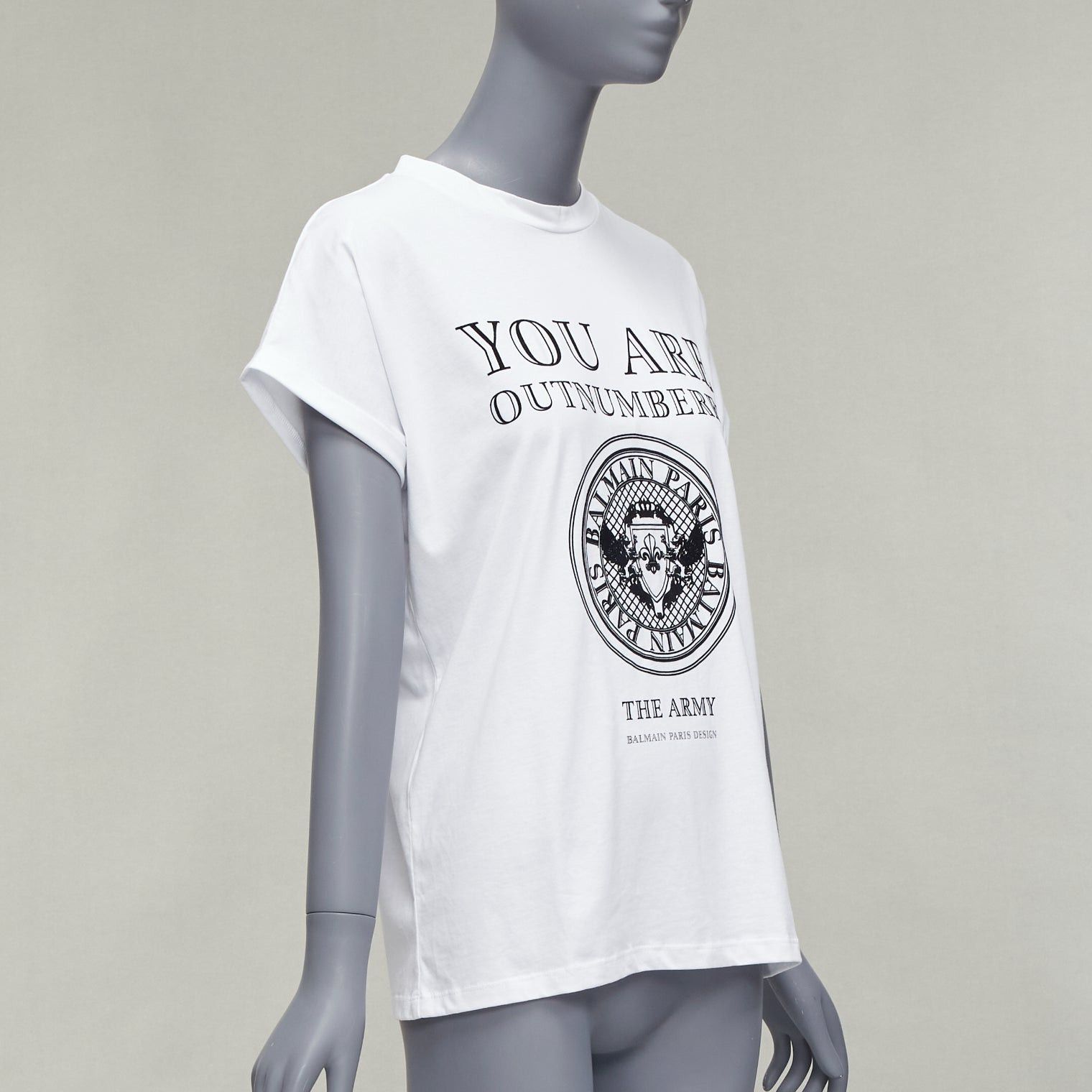 Balmain BALMAIN You Are Outnumbered Army velvet print white tshirt FR36 XS Size S / US 4 / IT 40 - 3 Thumbnail