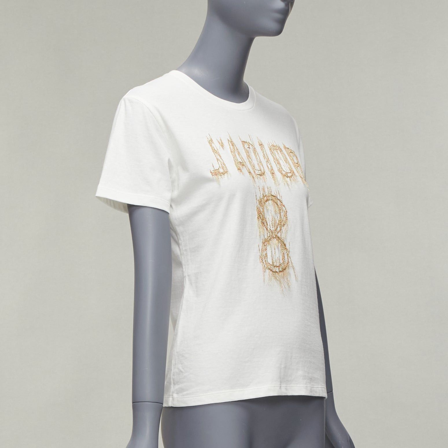 Dior CHRISTIAN DIOR Jadior 8 gold lurex embroidery white cotton linen tshirt XS Size S / US 4 / IT 40 - 3 Thumbnail