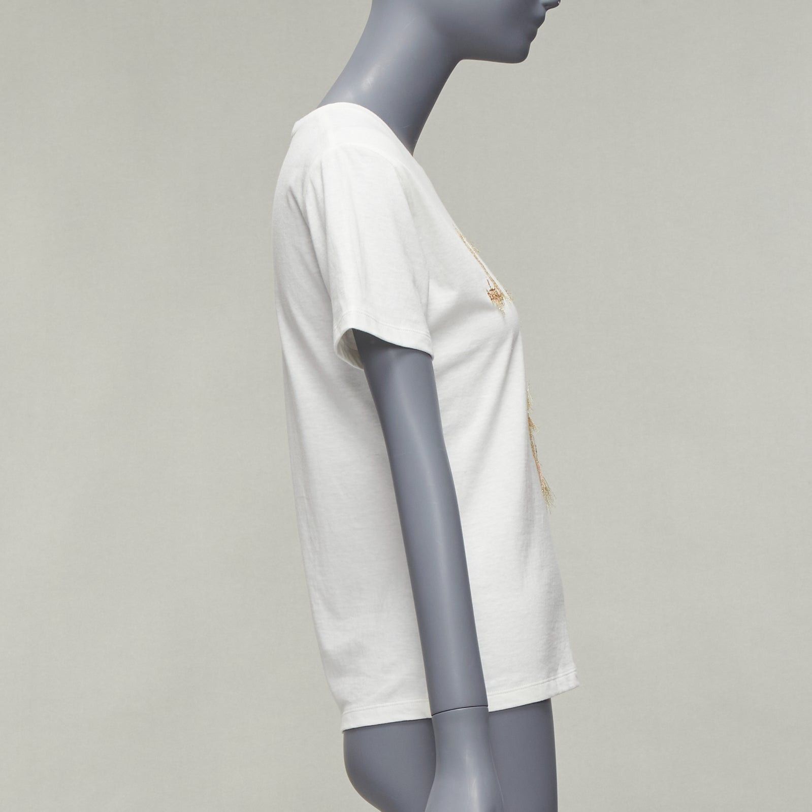 Dior CHRISTIAN DIOR Jadior 8 gold lurex embroidery white cotton linen tshirt XS Size S / US 4 / IT 40 - 4 Thumbnail
