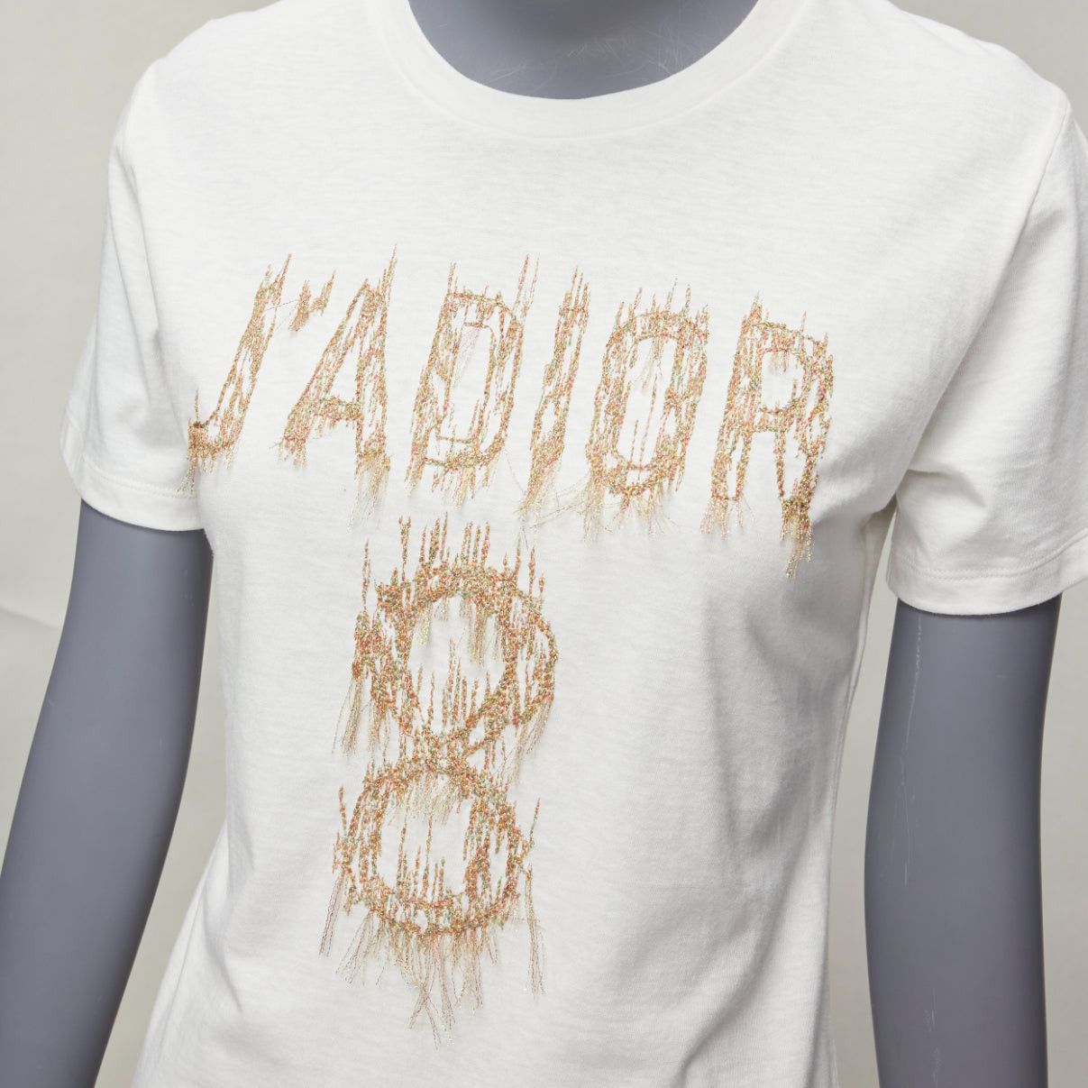Dior CHRISTIAN DIOR Jadior 8 gold lurex embroidery white cotton linen tshirt XS Size S / US 4 / IT 40 - 8 Thumbnail